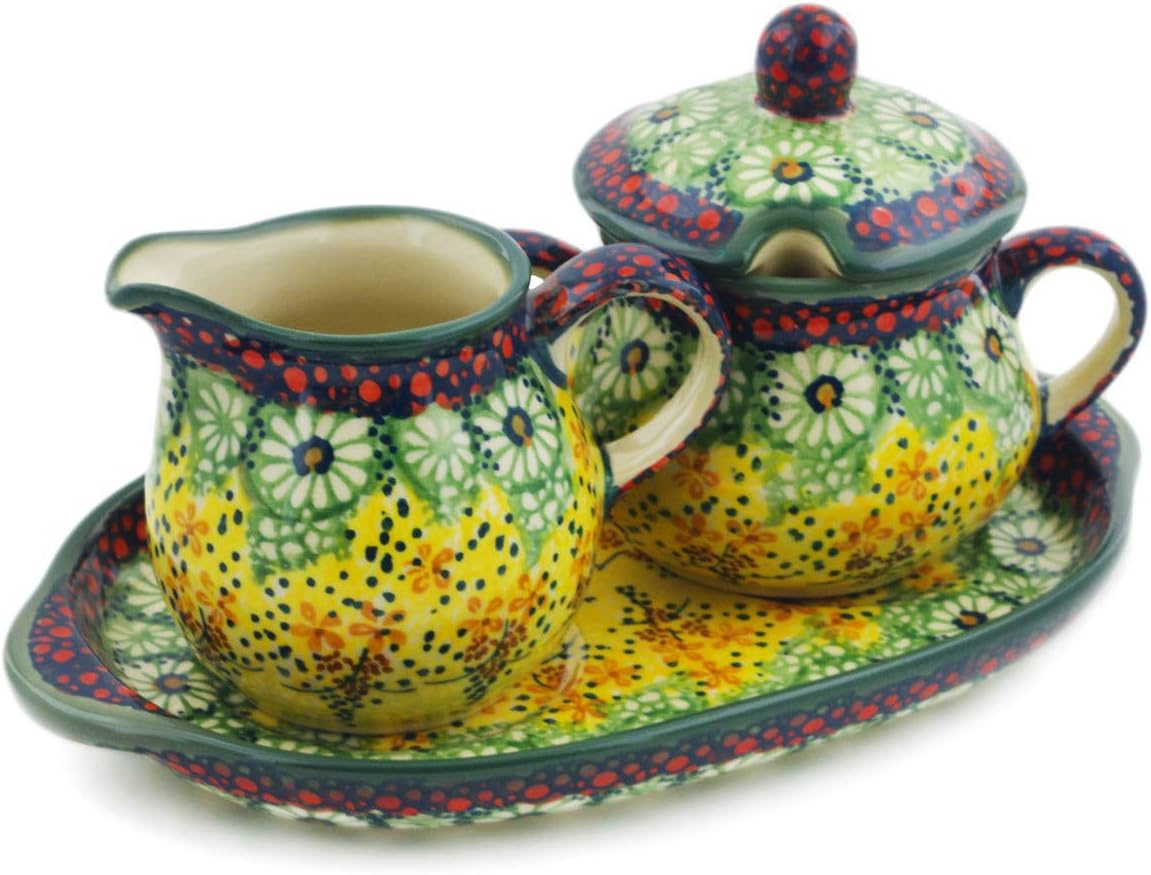 Polmedia Polish Pottery Sugar and Creamer Set UNIKAT - Sunshine Grotto Pattern Handmade in Boleslawiec Poland + Certificate of Authenticity
