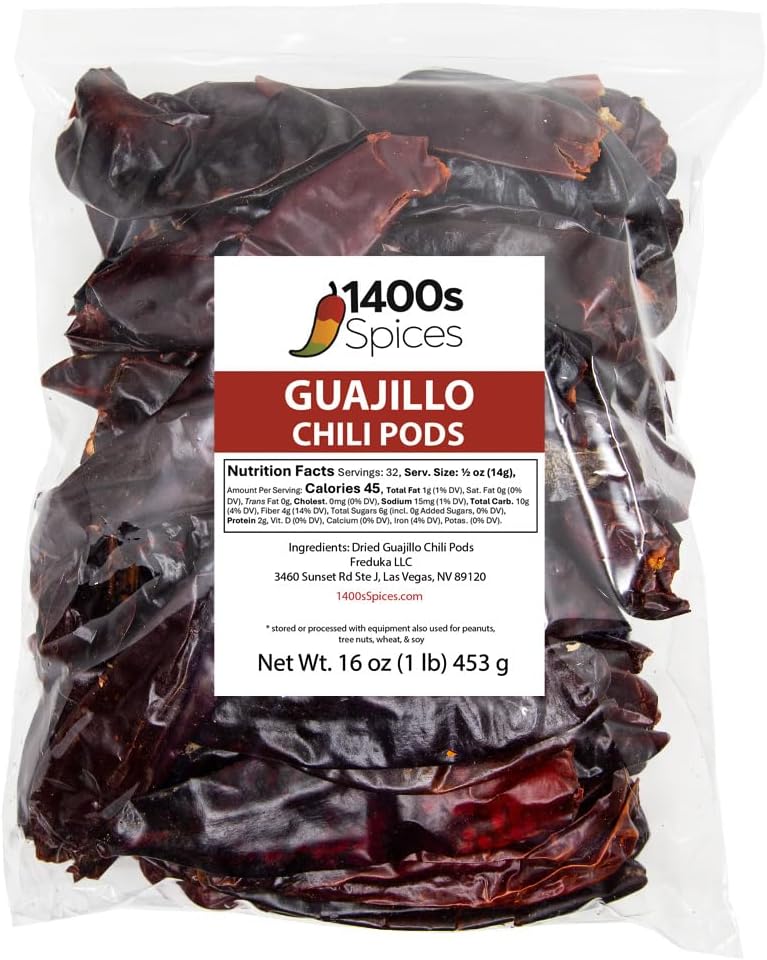 1lb Guajillo Stemless Chile Food Service Size, Whole Dried Red Chile Seco Mexican Peppers, Chiles Descolados, Versatile Mexican Ingredients for Mexican Salsa by 1400s Spices