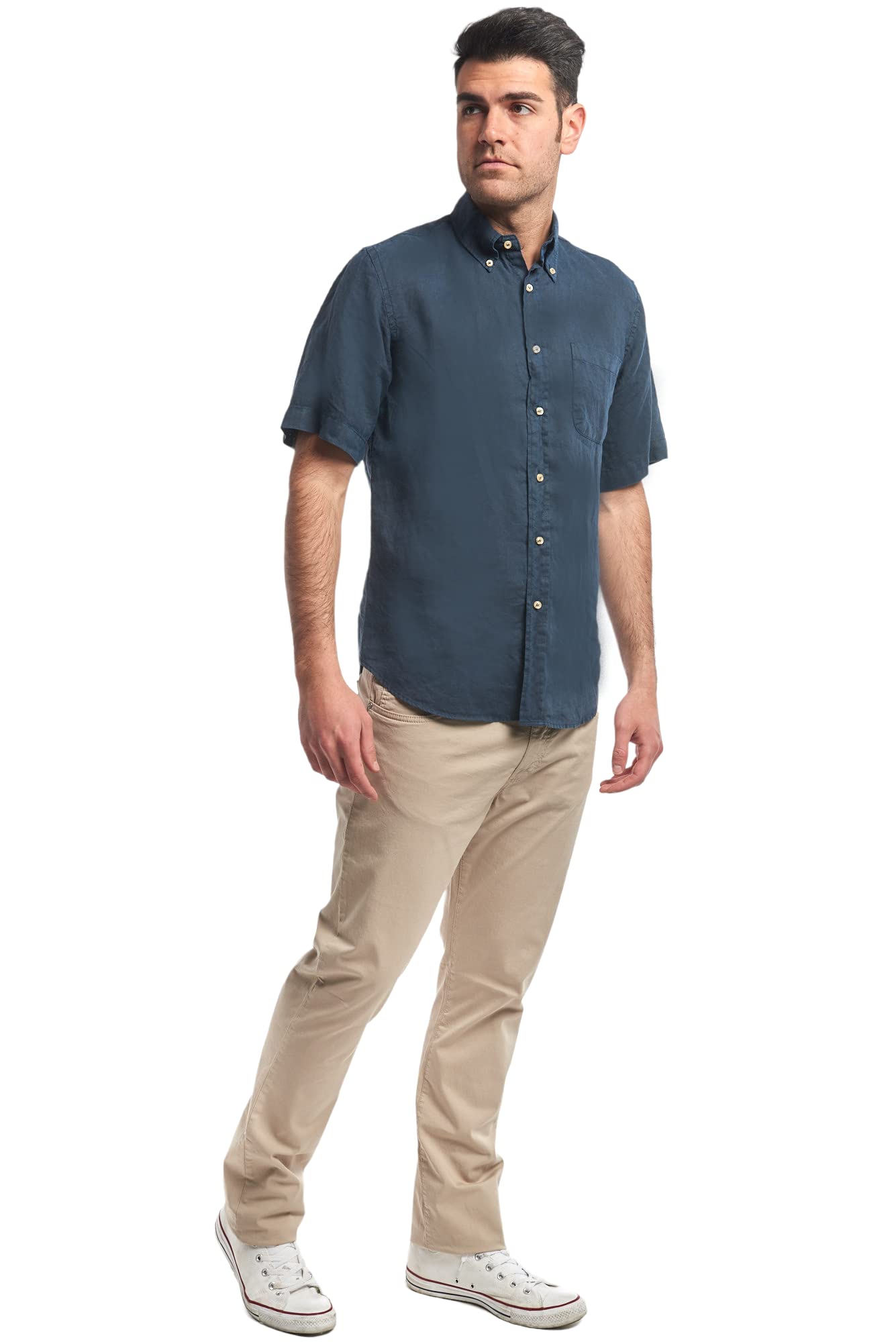 Herrenhemd aus reinem Leinen, Typ T Shirt für Herren, Halbarm, in 5 Farben, Weiß, Hellblau, Grün, Avio, Blue Label von S bis 3XL, blau, Small