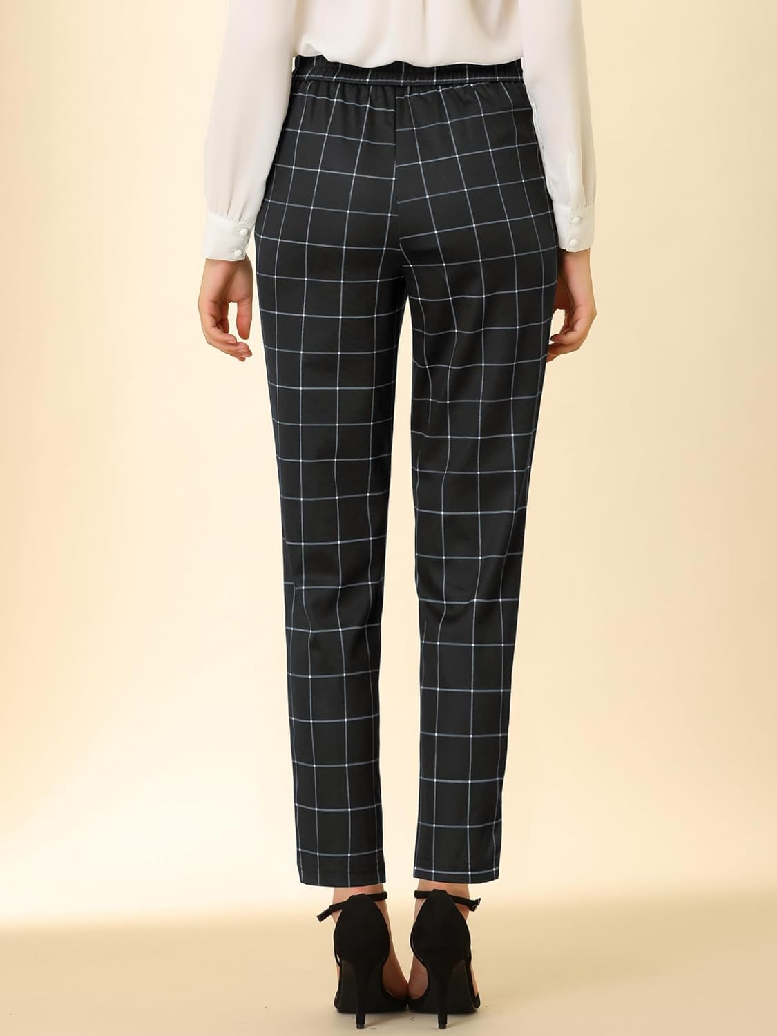 Allegra K Women's Vintage Tartan Plaid Pants Elastic Waist Straight Long Trousers - Image 5