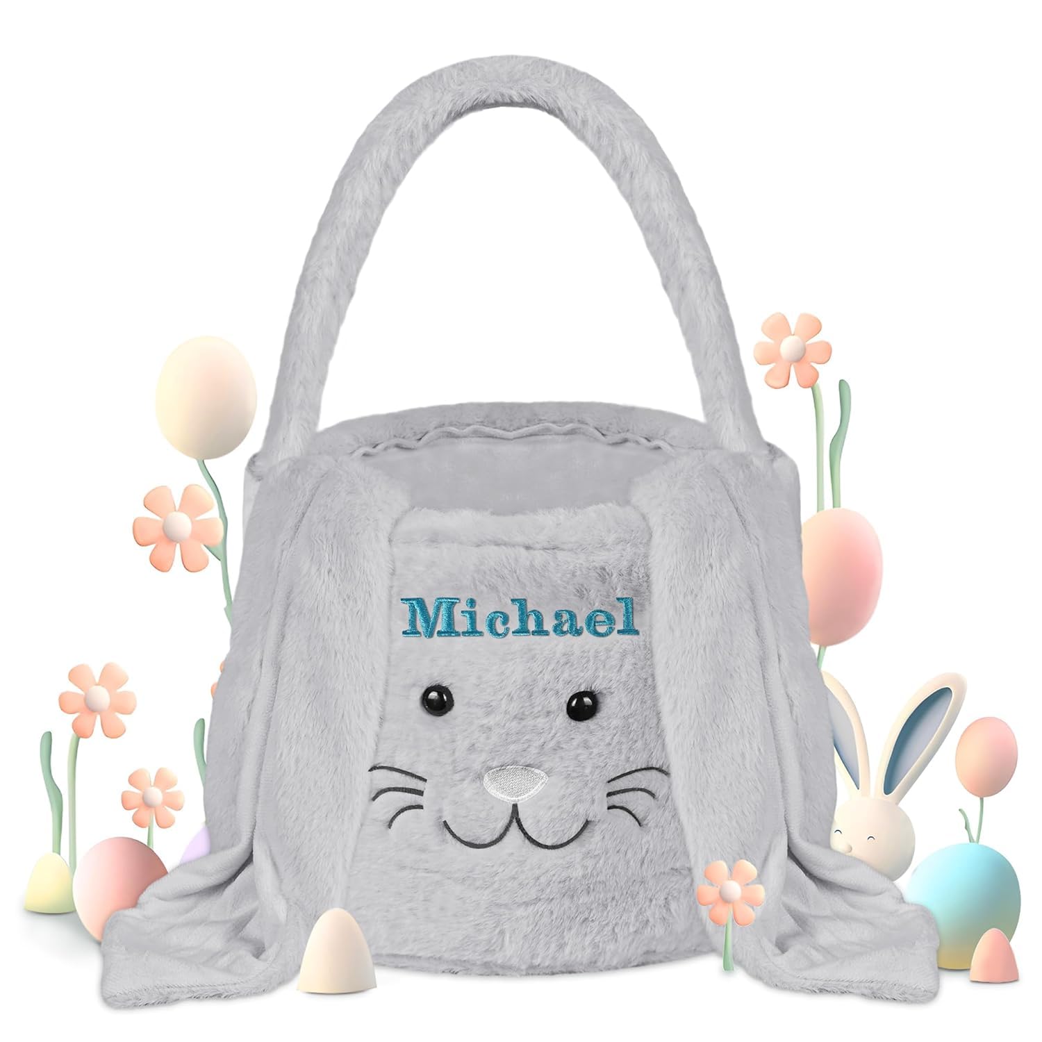Easter Baskets for Kids, Easter Basket with Name, Personalized Easter Basket, Easter Eggs Hunt Basket, Plush Easter Bunny Basket, Easter Gift Ideas - Grey Long Ear Bunny
