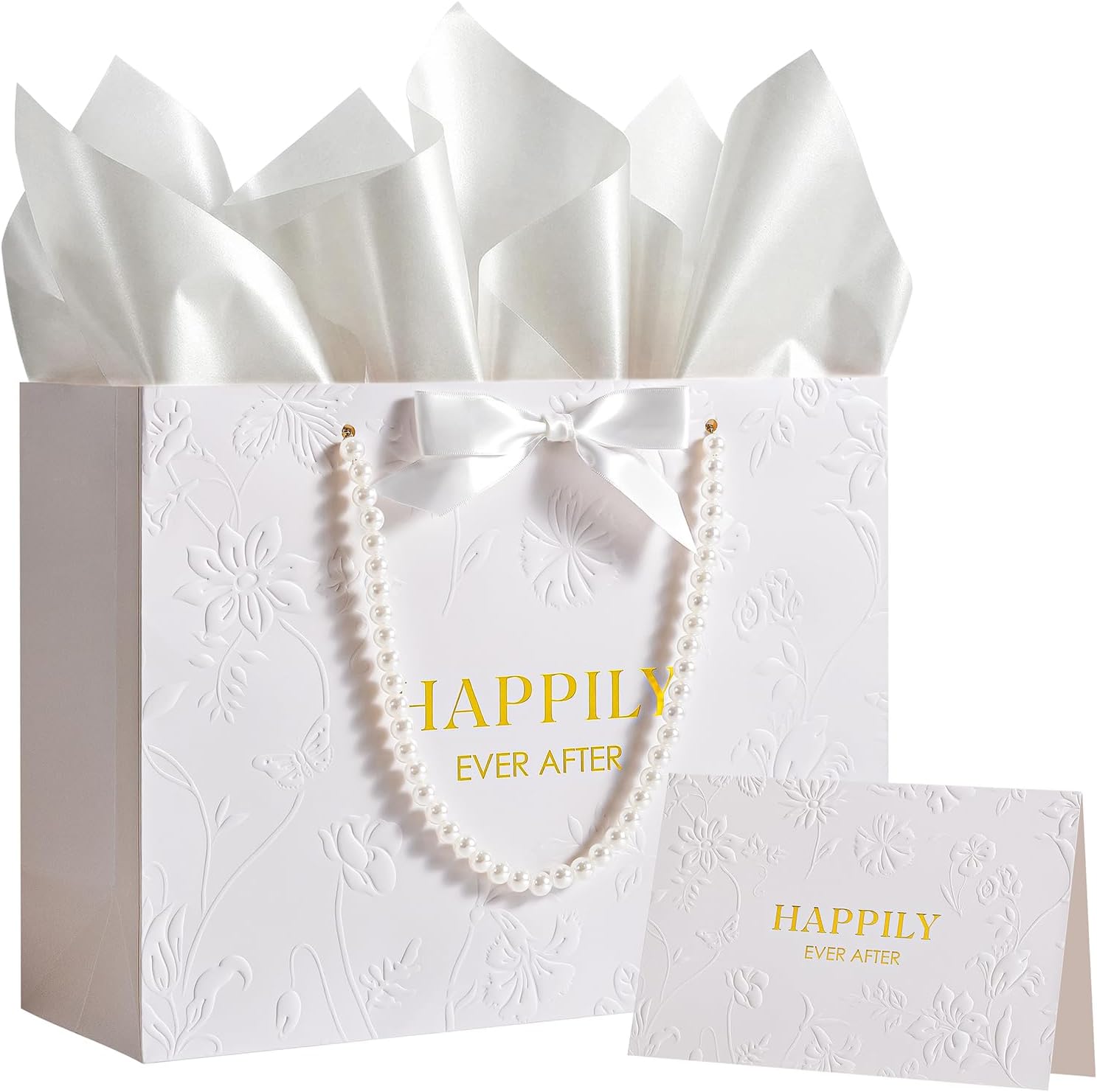 Crisky 13" Embossed Wedding Gift Bag with Pearl Handles, Large Bridal Shower Gift Bag with Greeting Card Tissue Paper Envelopes (Happily Ever After) for Bride, Women, Friends Engagement Party