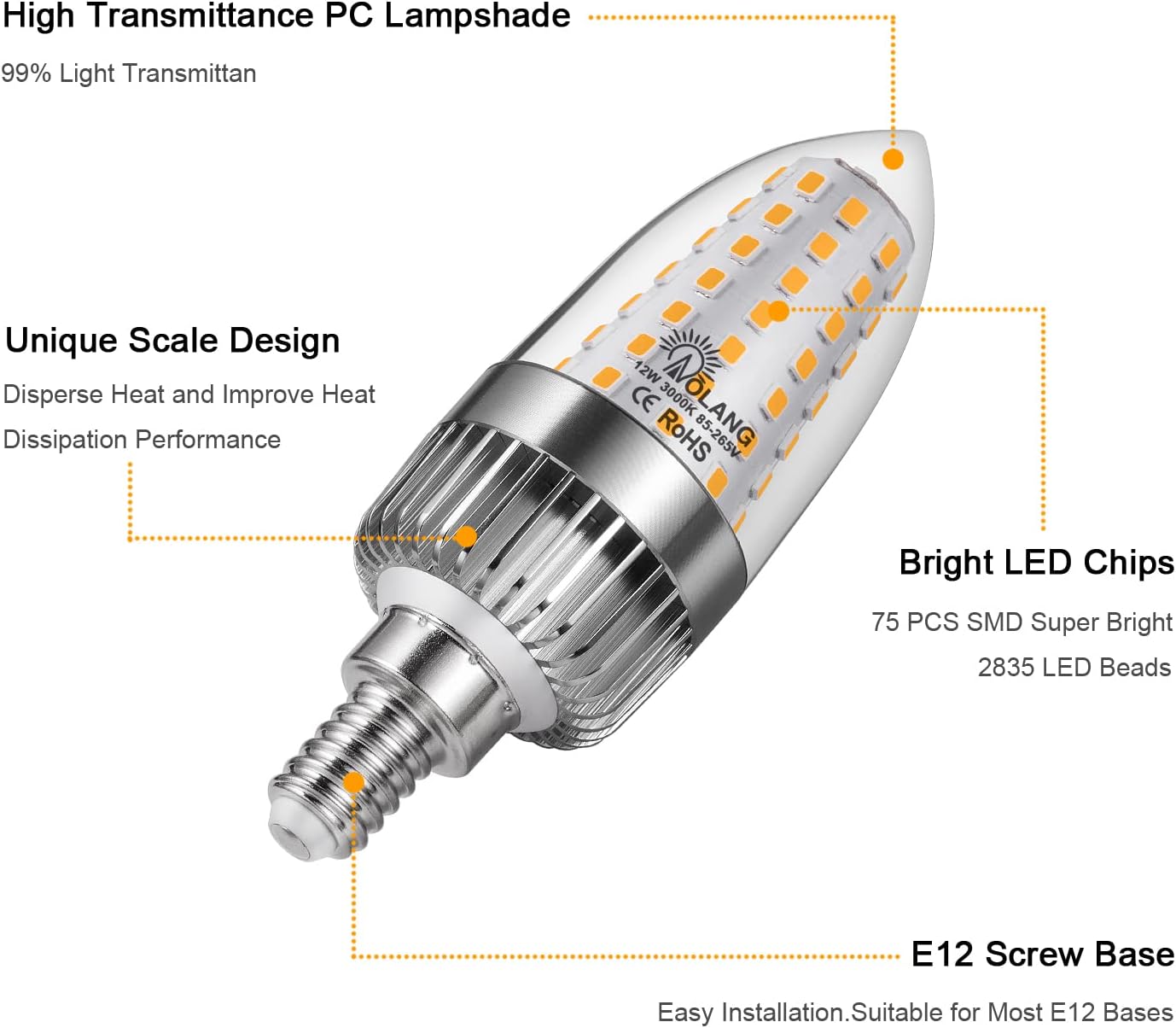 E12 LED Candelabra Bulb, 12W LED Candle Bulbs,100-Watt Light Bulbs Equivalent, Warm White 3000K Chandelier Bulbs, E12 Candelabra Base, 85V-265V, 1200Lumens, Non-Dimmable (4 Pack)