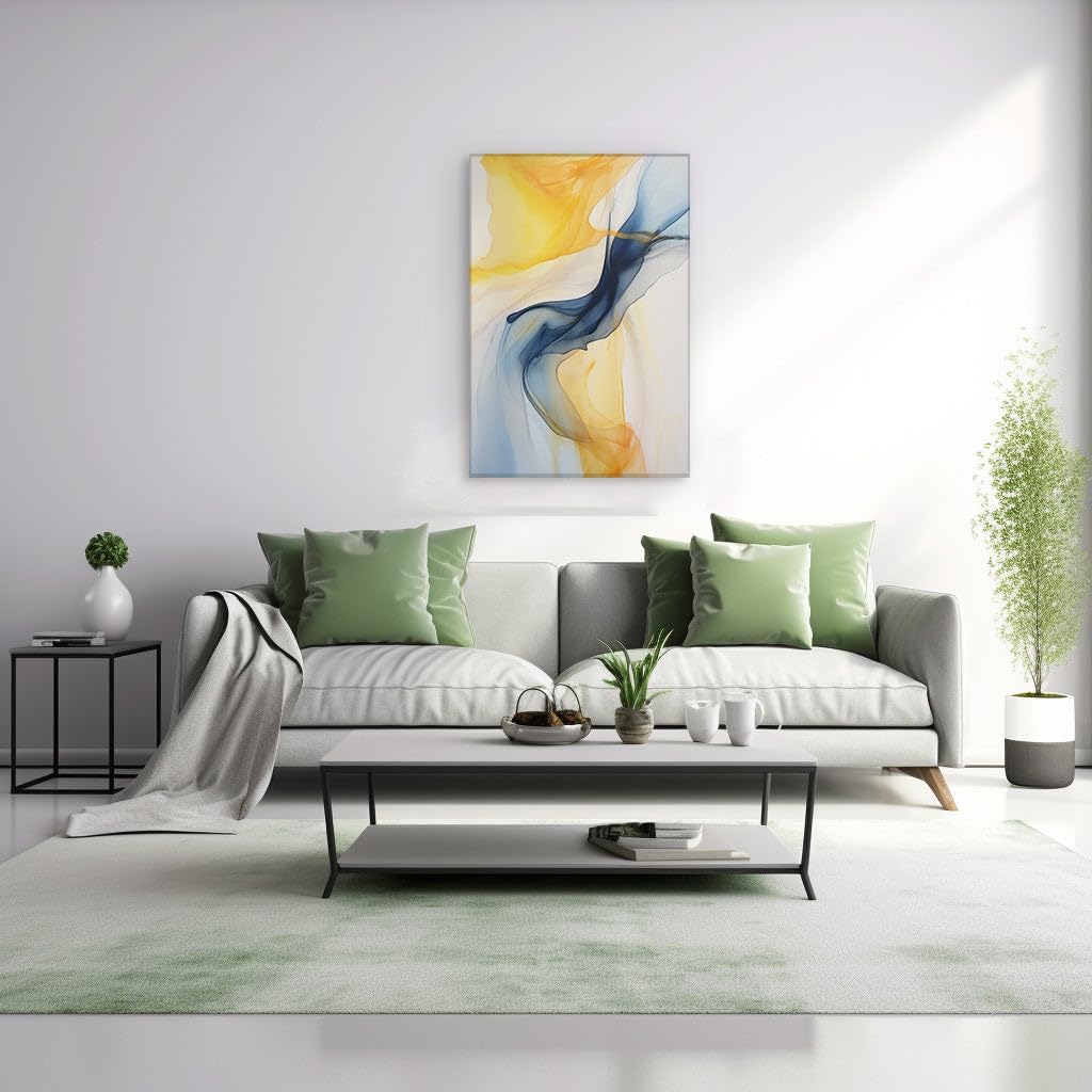 Canvas for Living room. Fluid Symphonies in Blue and Yellow: Capturing Motion Through Abstract Artistry, 27 x 18 inch Canvas Wall Art - Contemporary Masterpieces - Modern Home Decor
