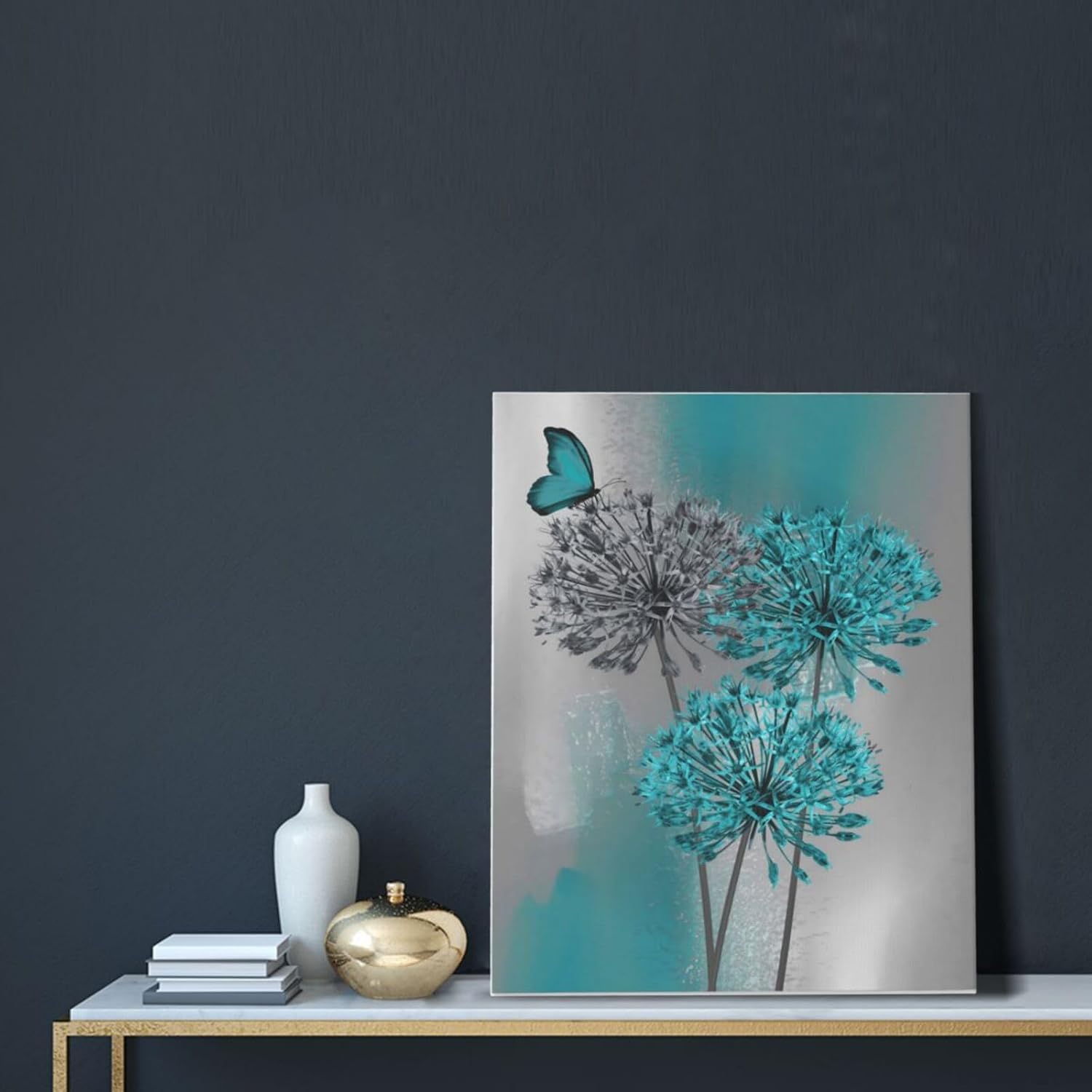LB Dandelion Canvas Wall Art Teal Grey Dandelion with Butterfly on Abstract Background Wall Art Plant Wall Decor for Living Room Bedroom Bathroom Office Home Framed Ready to Hang 24L x 16W Inch