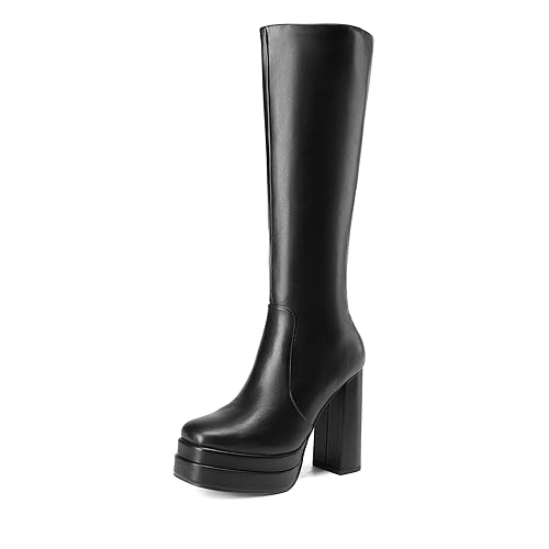 DREAM PAIRS Women's Platform Heeled Knee High Boots, Long Chunky Tall Gogo Boots for Fall - 8 - Black
