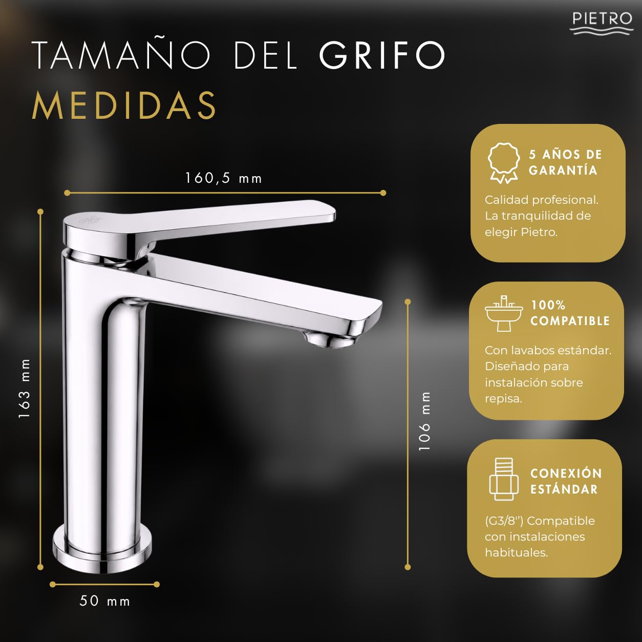 Grifo Lavabo Monomando Bergamo de Latón Macizo | Diseño Moderno | Pietro | Grifo Baño Elegante, Cartucho Cerámico, Aireador Neoperl, Acabado Duradero, Fácil Instalación y 5 Años de Garantía