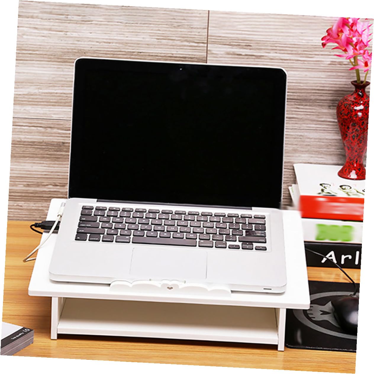 Support D'ordinateur Portable Blanc en Bois et Plastique, Stable et Gain de Place, Accessoire Informatique pour Bureau et École