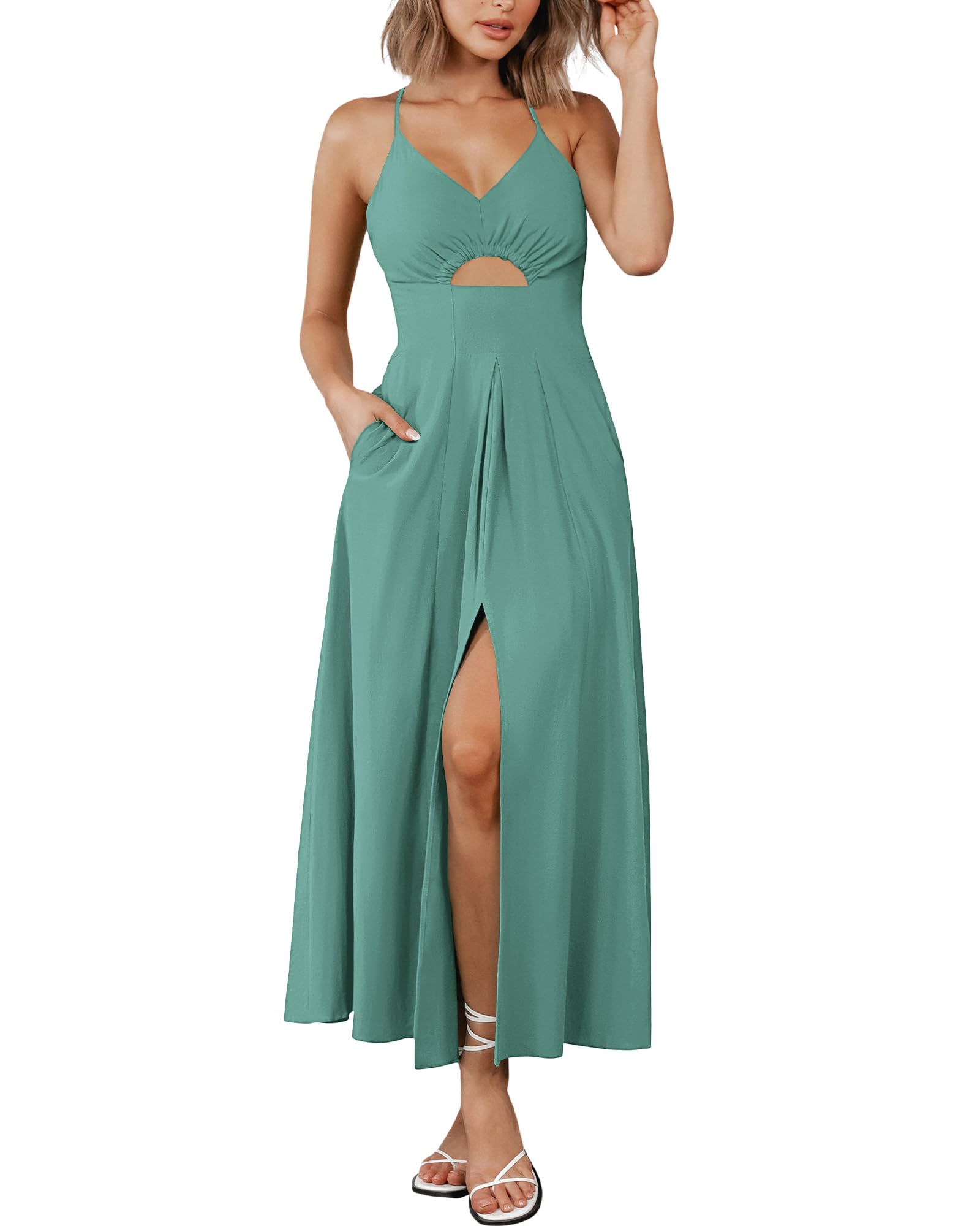 BTFBM Women 2026 Spaghetti Strap Midi Summer Dresses Sleeveless V Neck Cutout Slit Casual Beach Party Maxi Dress Pockets