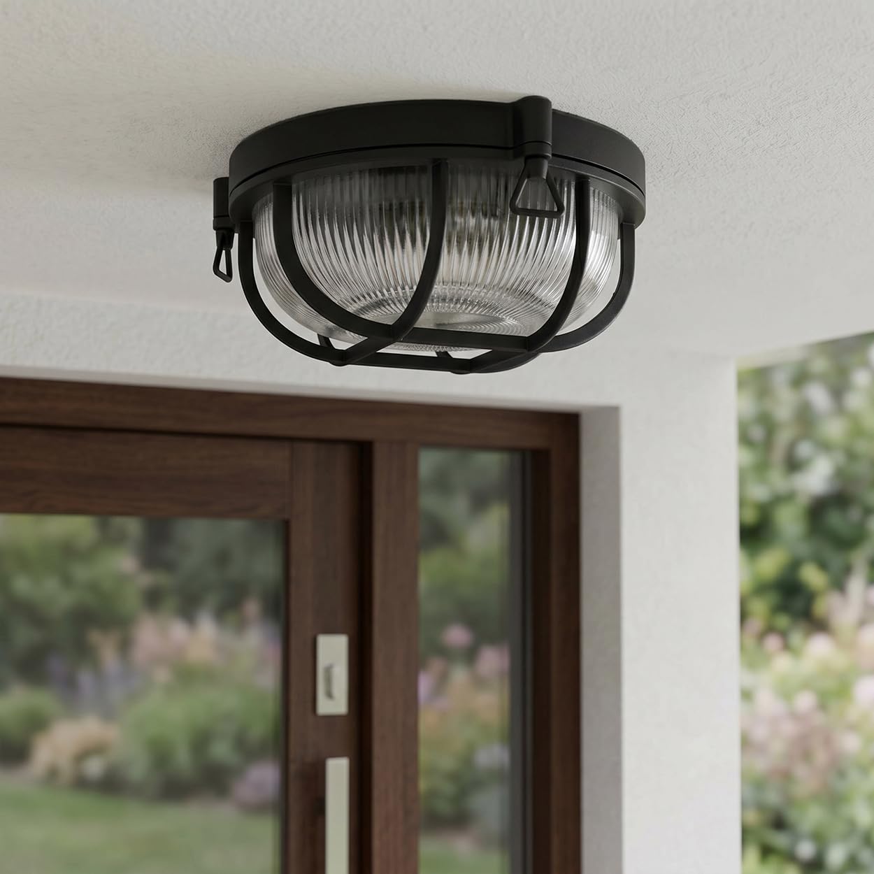 HOFSTEIN lampada da soffitto per esterni Godel, in metallo/vetro ondulato nero/trasparente, design industriale/retrò/vintage ingresso, balcone, terrazza, E27, IP44