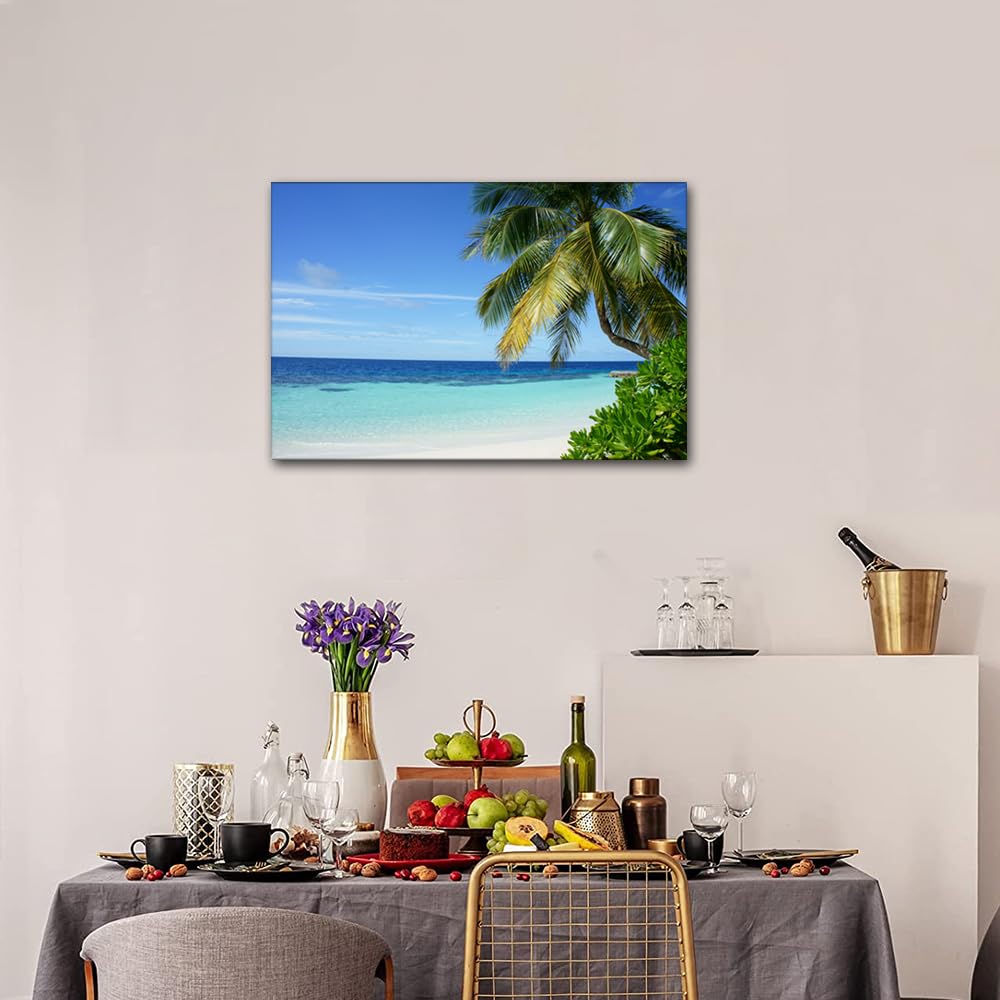 Canvas Wall Art Landscape Wall Art Teal Blue Beach Shore Tropical Island Poster Prints on Canvas Wall Home Decoration for Living Room Office Bathroom Framed Ready to Hang (24" W x 16" H) - Image 3