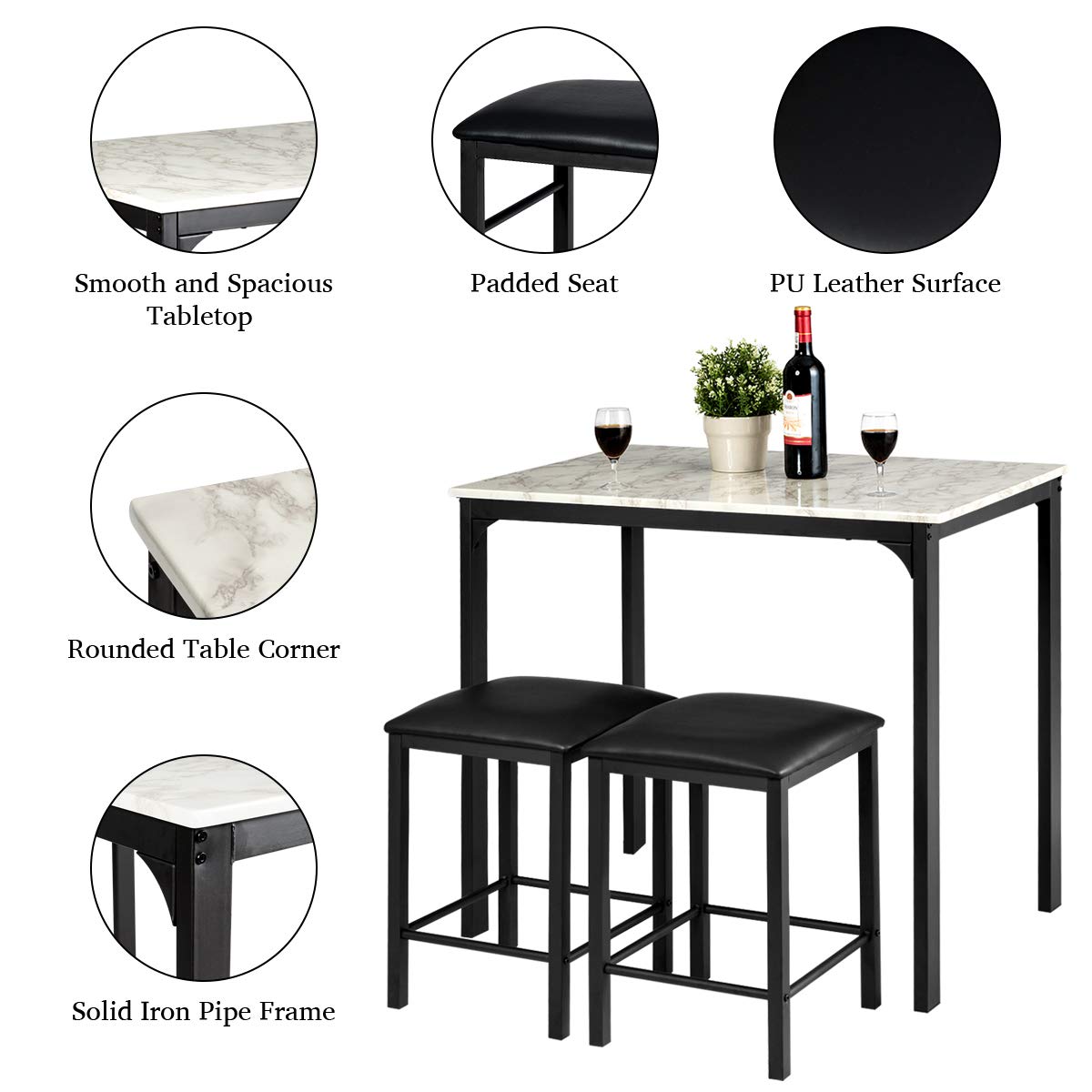 GIANTEX Tavolo alto da cucina e 2 sgabelli, set di 3 pezzi di sala da pranzo per 2 persone, tavolo bar cucina moderno e compatto in finitura finto marmo, mangia in piedi per bistrò, soggiorno (bianco)
