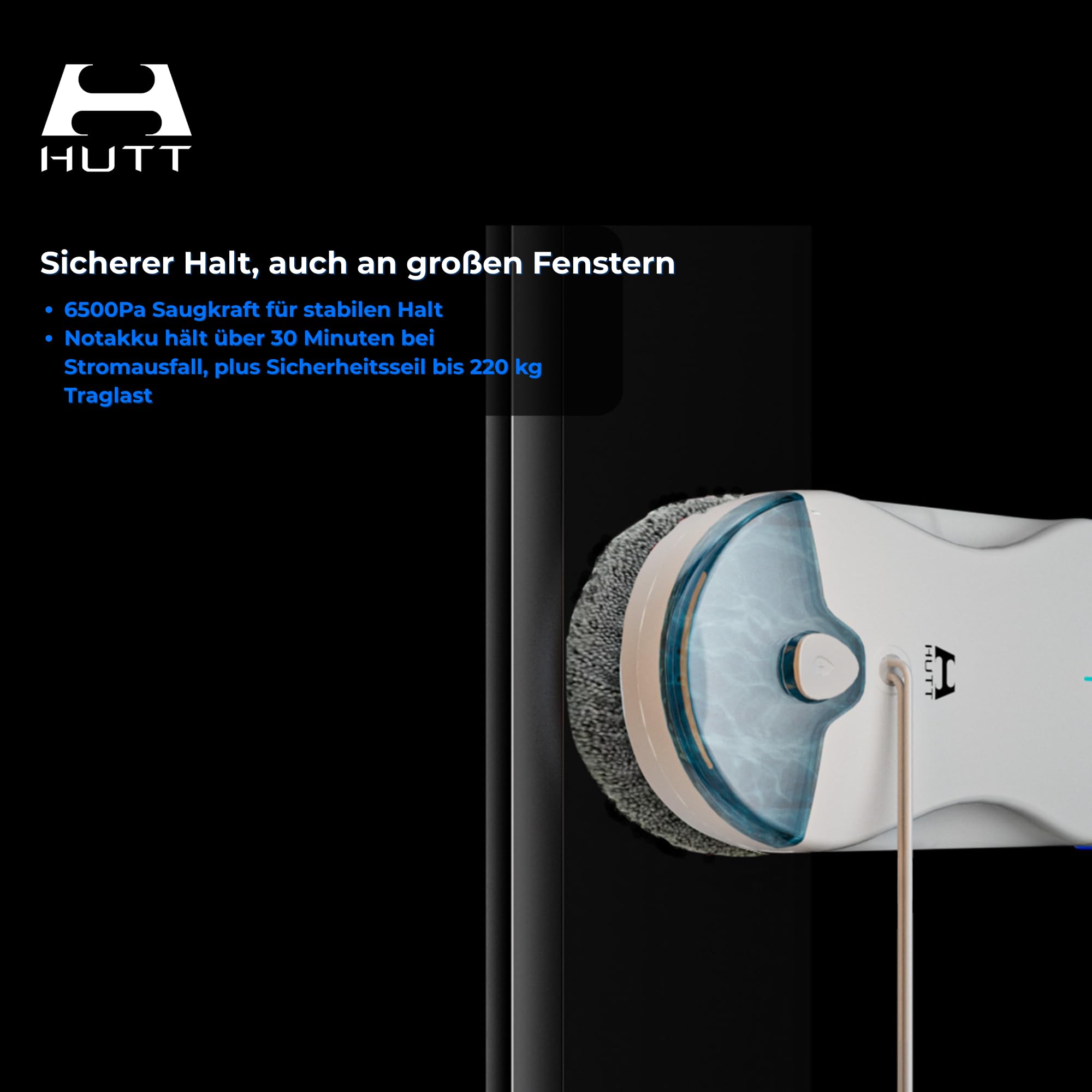 HUTT 10 Fensterputzroboter – Automatischer Fensterreiniger mit intelligenter Routenplanung, 6500Pa Saugleistung & Absturzsicherung – Fensterroboter für Glas, Spiegel, Fliesen & Duschkabinen