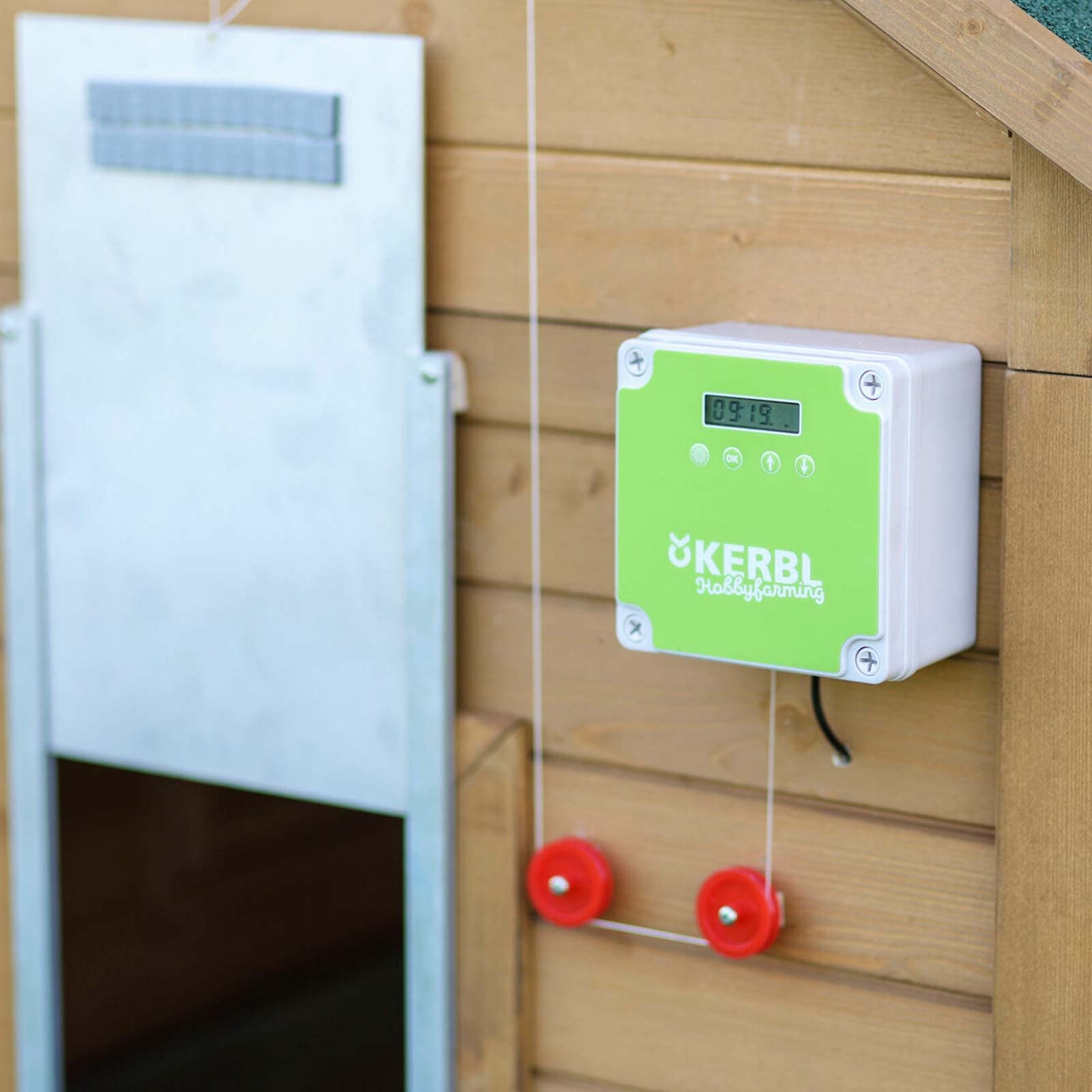 Kerbl, sportello automatico per pollaio con cursore, 43 x 40 cm, apriporta con sensore di luce, timer e manuale, porta di sicurezza per pollo, funzione di ritenuta integrata