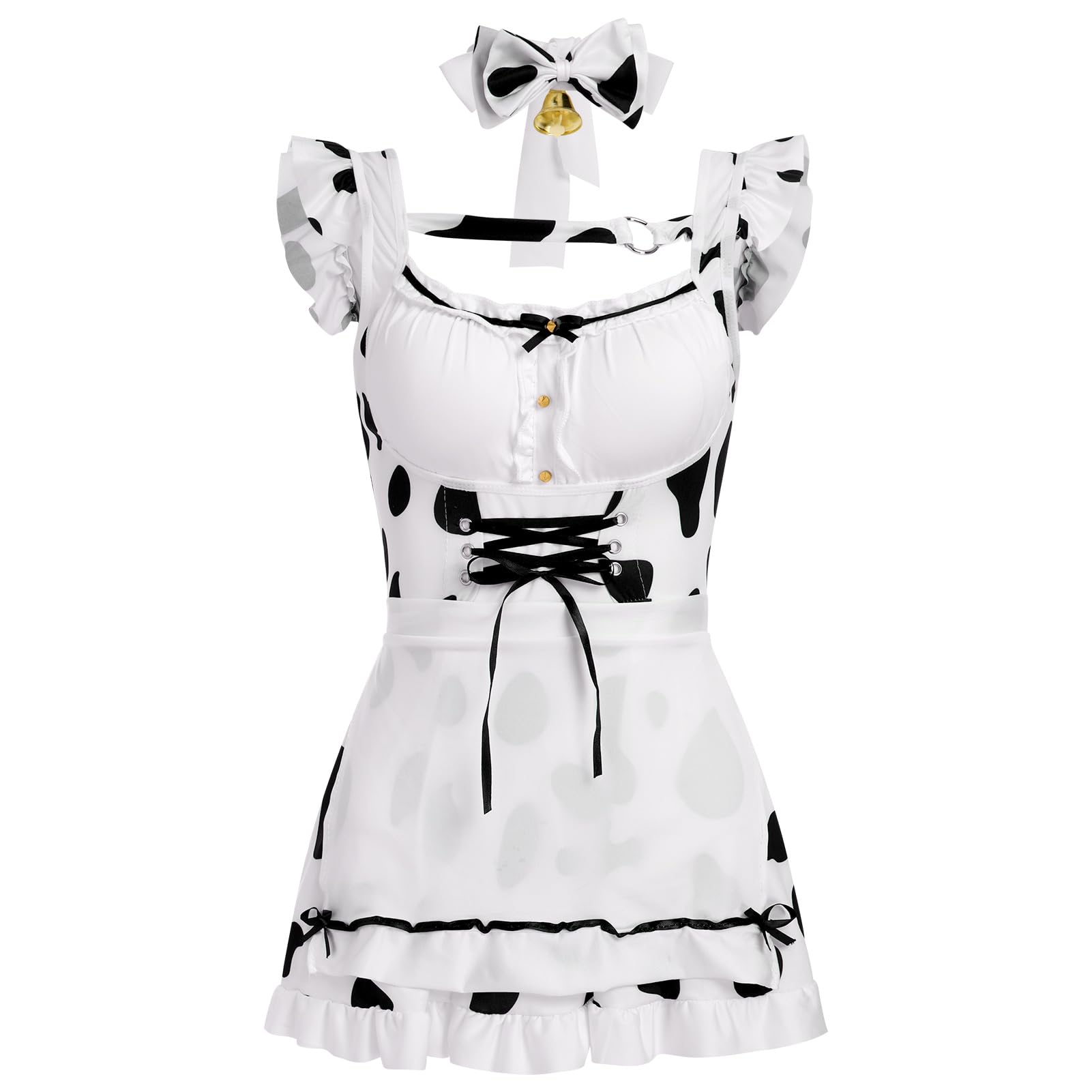 ABAFIP Women's Cute Cosplay Outfits Kawaii Anime Role Play Cow Kitten Ear Headband Stockings Ruffle Mini Dress set