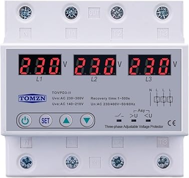 Three Phase Voltmeter Adjustable Over and Under Voltage Protector 3 Phase Automatic Recovery Protective Device Reset 63A 380V