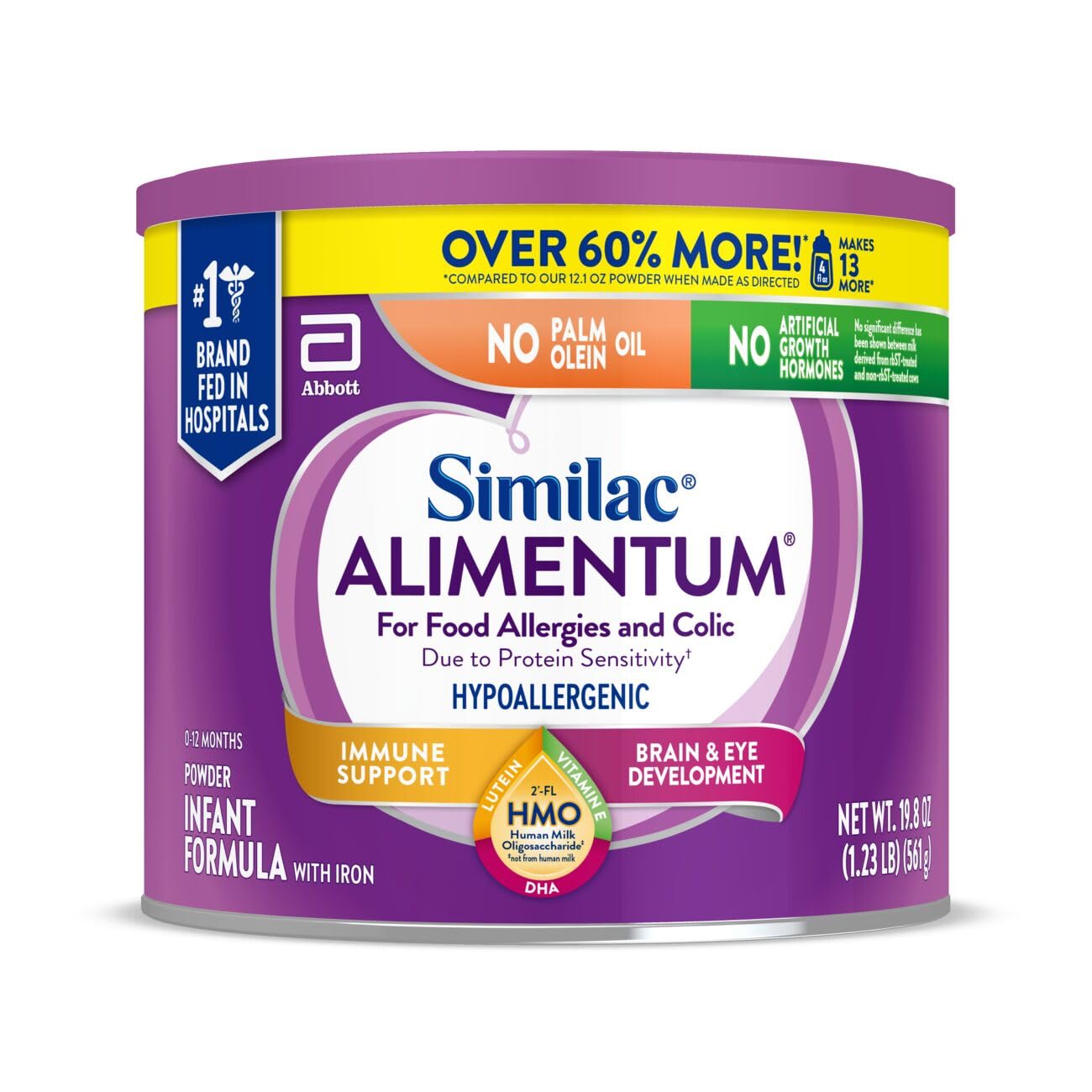 SimilacAlimentum With 2'-FL HMO Hypoallergenic Infant Formula, for Food Allergies and Colic Due to Protein Sensitivity, Baby Formula Powder, 19.8-oz Value Can