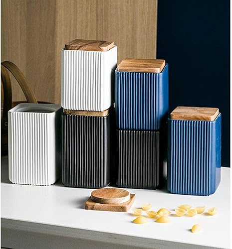 Miniatura 5 de YYW Tarros de almacenamiento de cerámica para almacenar alimentos con sello de tapa de madera, tarros de almacenamiento de cocina, herméticos para