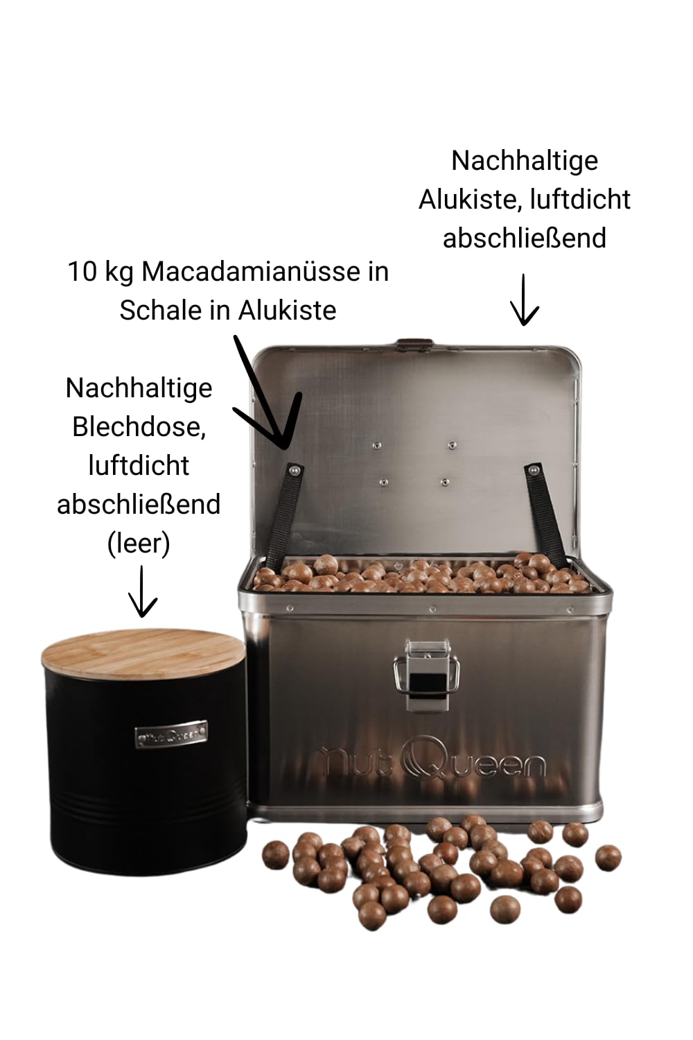 Vorratsset, 10 kg Macadamianüsse in Schale in einer luftdicht abschließenden Aluminiumbox, 1 luftdichte Aufbewahrungsdose aus Blech mit Bambusdeckel (leer)