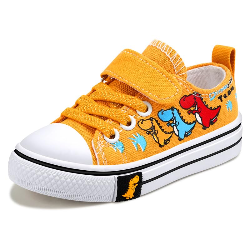 Cozystep Toddler Boys Girls Slip On Canvas Sneakers Cartoon Dinasour Printed Little Kid Unisex Adjustable Strap Walking Shoes Lazy Shoes with Hook and Loops