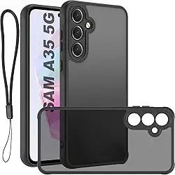 USTIYA FG Capa para Samsung Galaxy A35 5G Case Matte Acrílico Uso Resistente Protetora de Câmera Capinha Acessórios para Celular com Cordão Preto