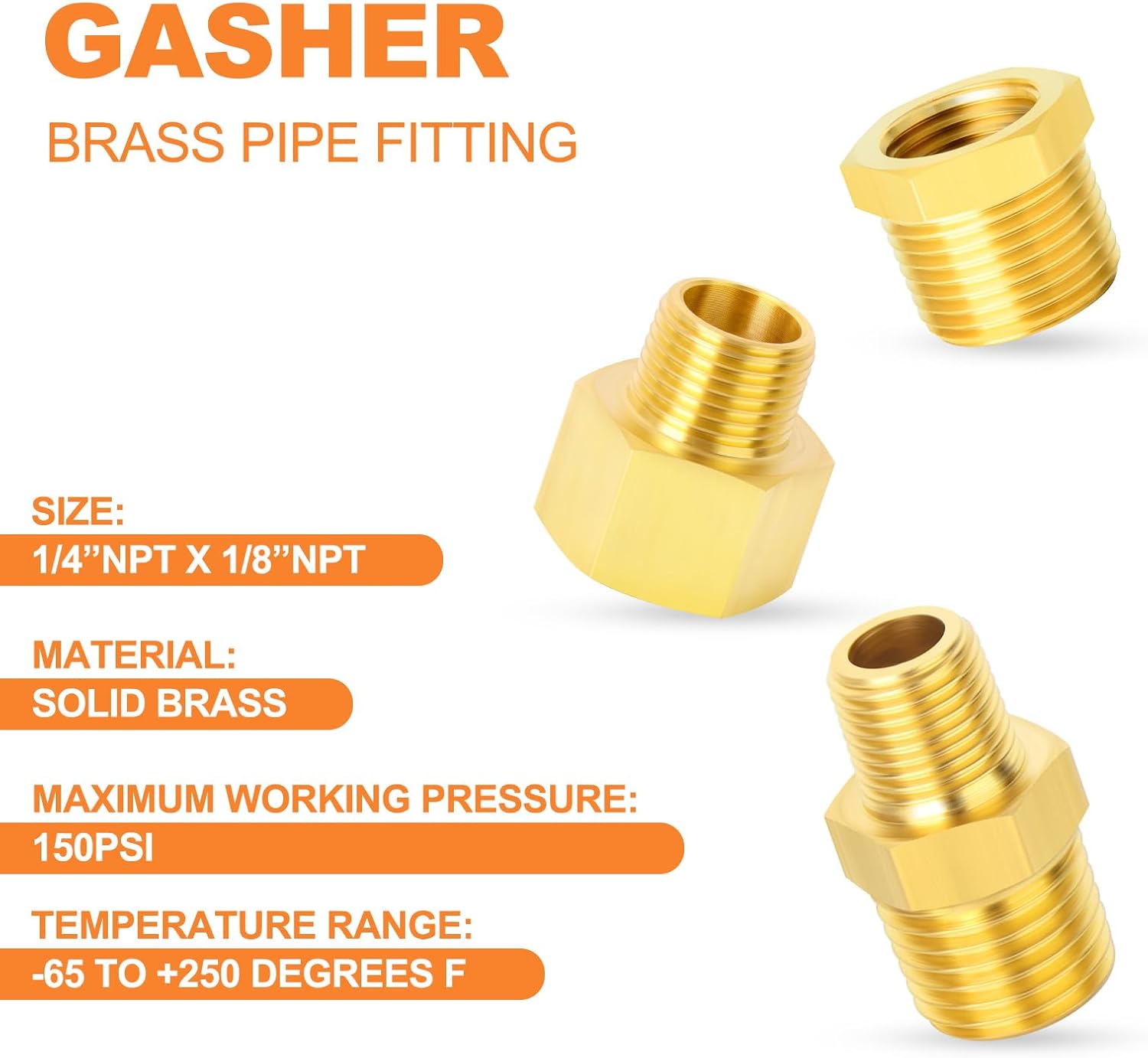 GASHER 30PCS Brass Pipe Fitting, Hex Bushing, Reducer Adapter, Reducing Hex Nipple 1/4 Inch NPT x 1/8 Inch NPT
