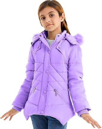 FARVALUE Girls Winter Coats Fur Hooded Warm Puffer Jacket Coat with Fleece Lined