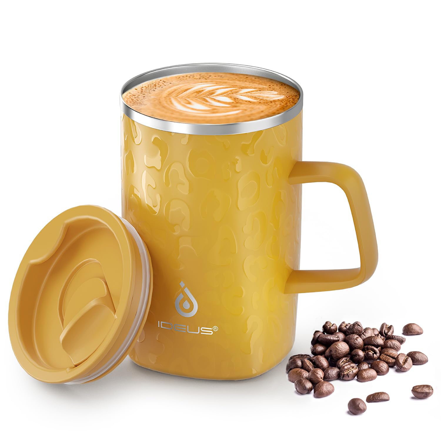 Ideus® Kaffeebecher 470 ml (16 oz), doppelwandige vakuumisolierte Kaffee- und Teetasse aus Edelstahl mit rutschfestem Griff und Schiebemoduldeckel und großem Volumen (Leapord Honey)