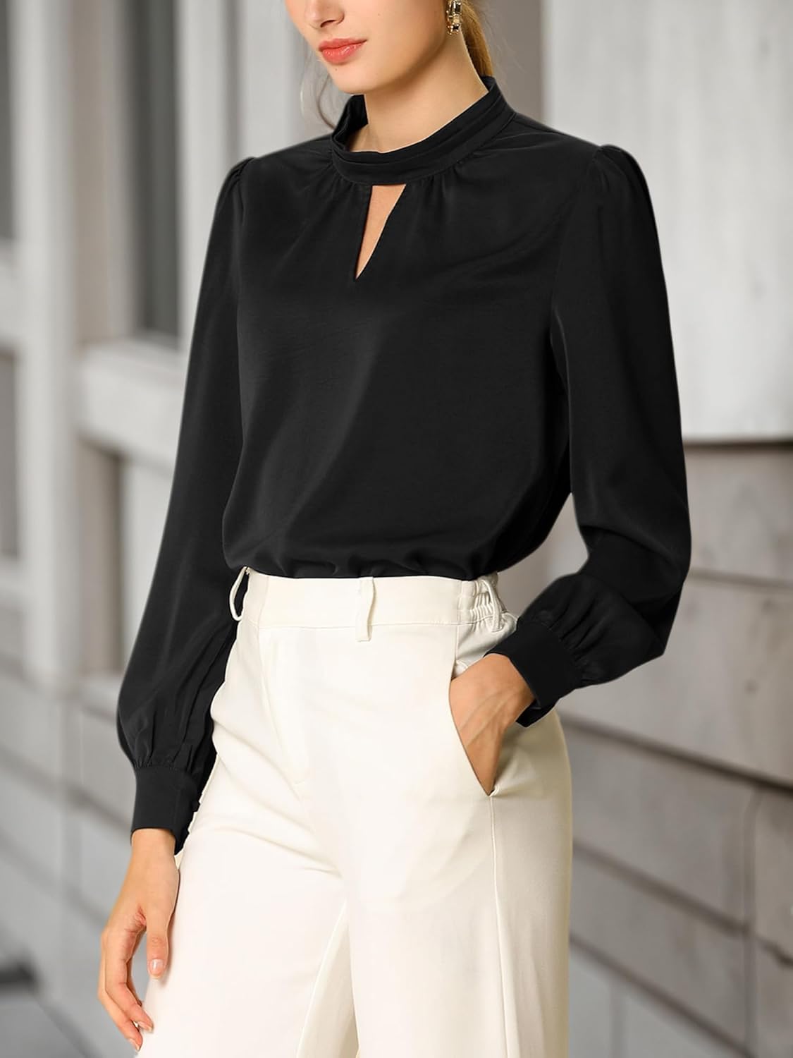 Allegra K Women's Work Tops Dressy Casual Shirts Mock Neck Keyhole Business Casual Long Sleeve Blouse - Image 2