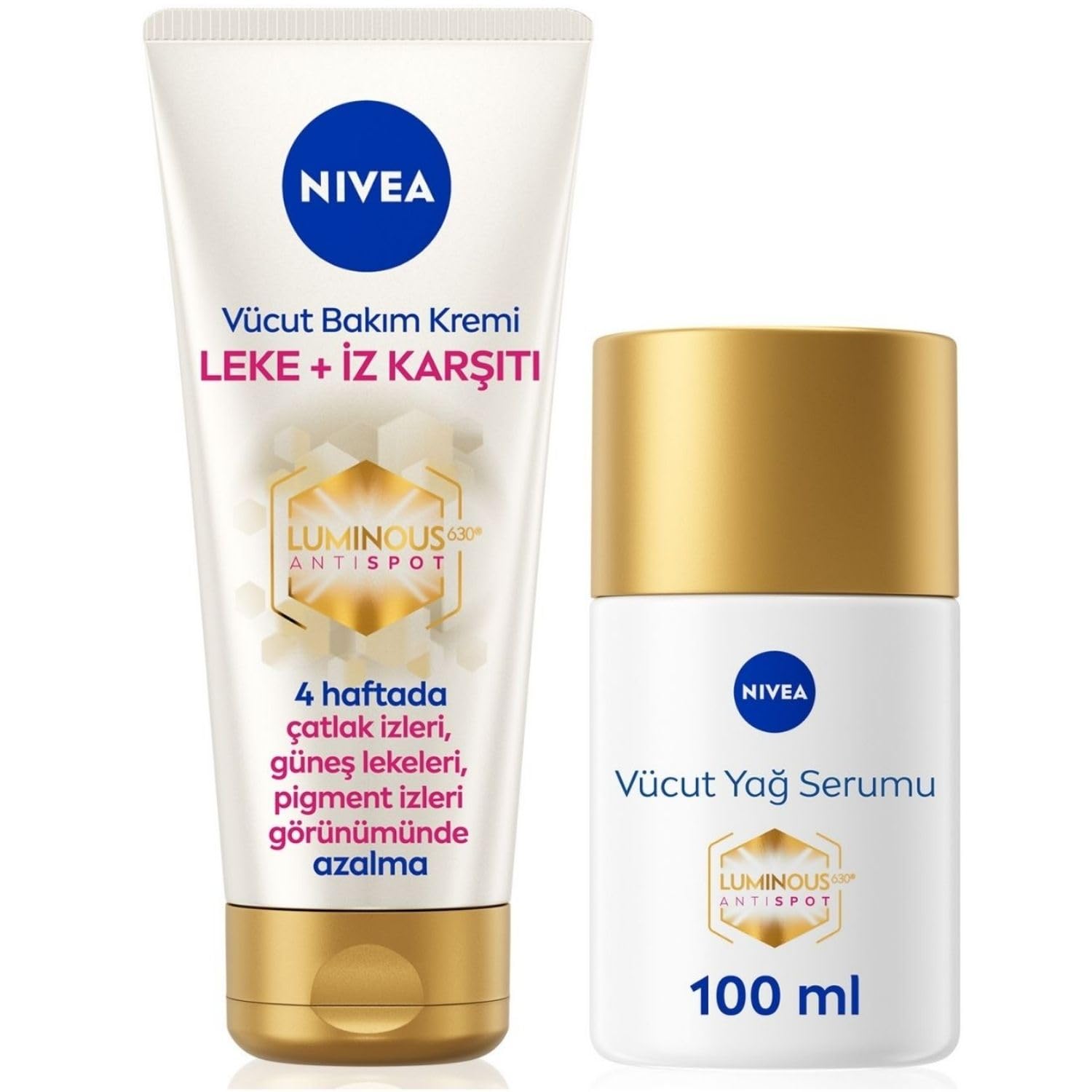 NIVEA Luminous630 Çatlak Karşıtı Vücut Yağ Serumu 100ml ve Leke İz Karşıtı Vücut Bakım Kremi 200ml, Nemlendirici, Güneş Lekesi, Çatlak Giderici, Kilo Değişimi, Hamilelik