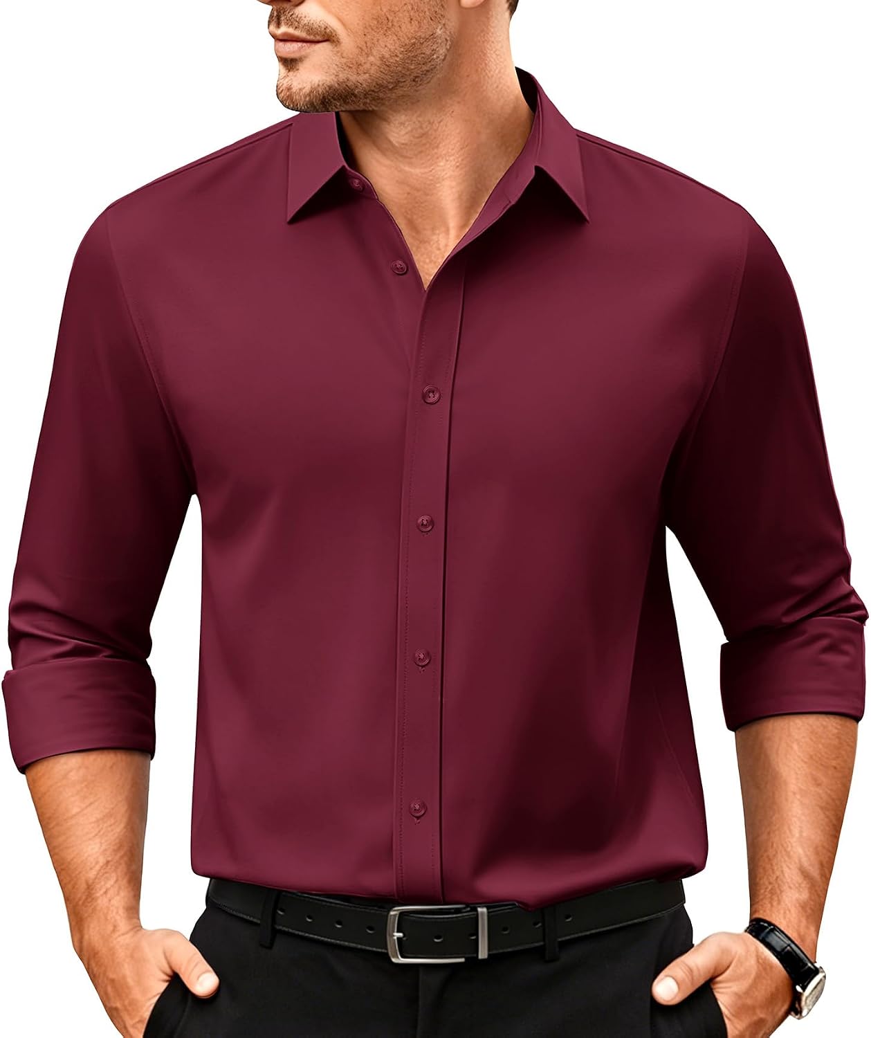 Men's Dress Shirts Big and Tall Long Sleeve Stretch Wrinkle-Free Button Down Formal Business Casual Collared Shirt
