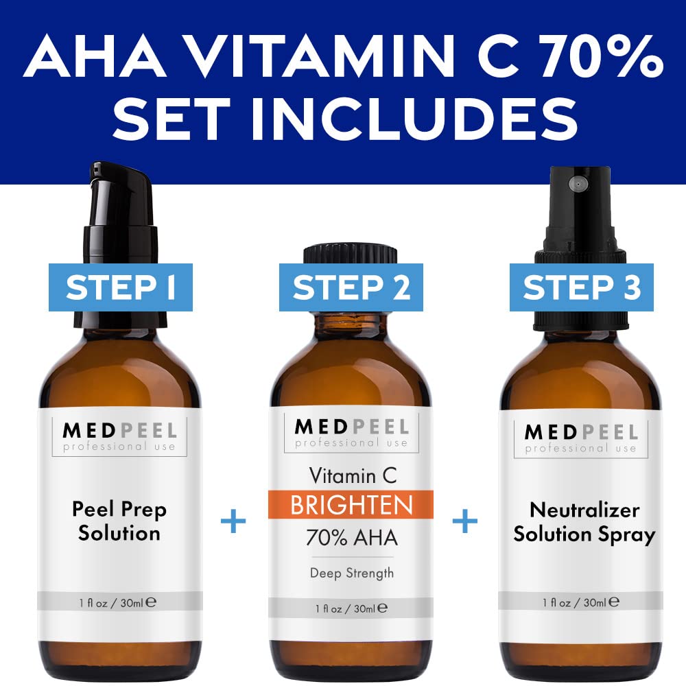 Medpeel 70% AHA & Vitamin C Brightening Essential Chemical Peel at Home Kit, Includes Peel, Prep, Neutralizer, Deep Strength Professional Grade Chemical Face Peel, Reduces Age Spots, 1oz/30ml - Image 3