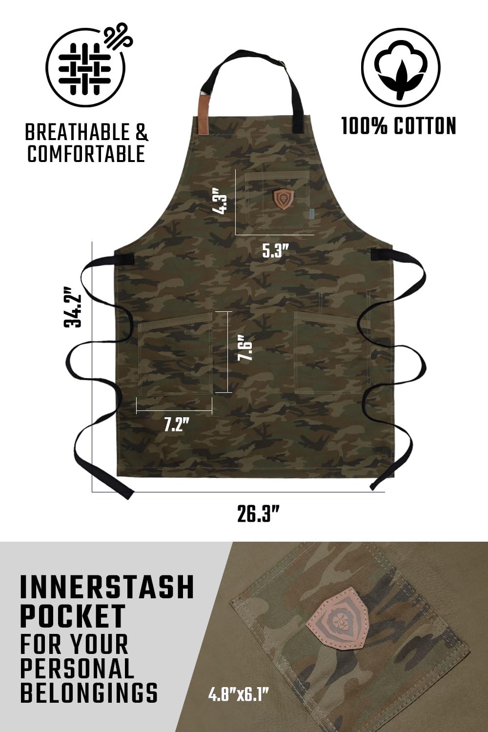 DALSTRONG Professionelle Kochschürze - mit 4 Taschen - wasserabweisend - Details aus echtem Leder - verstellbare Gurte - 100% Poly-Baumwolle Camouflage Muster