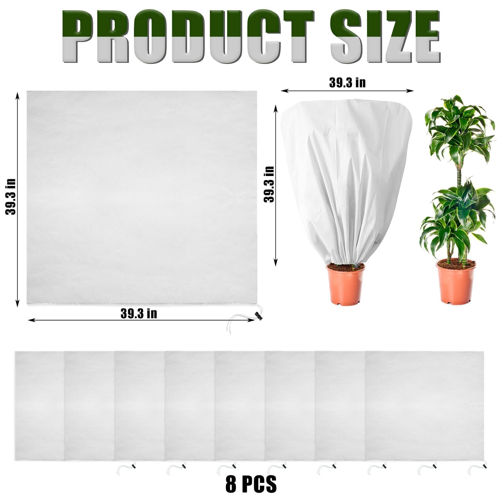 Lot de 8 housses de protection contre le gel pour plantes - 100 x 100 cm - Réutilisables - Avec cordon de serrage - Couverture contre le gel - Pour l'hiver et l'extérieur