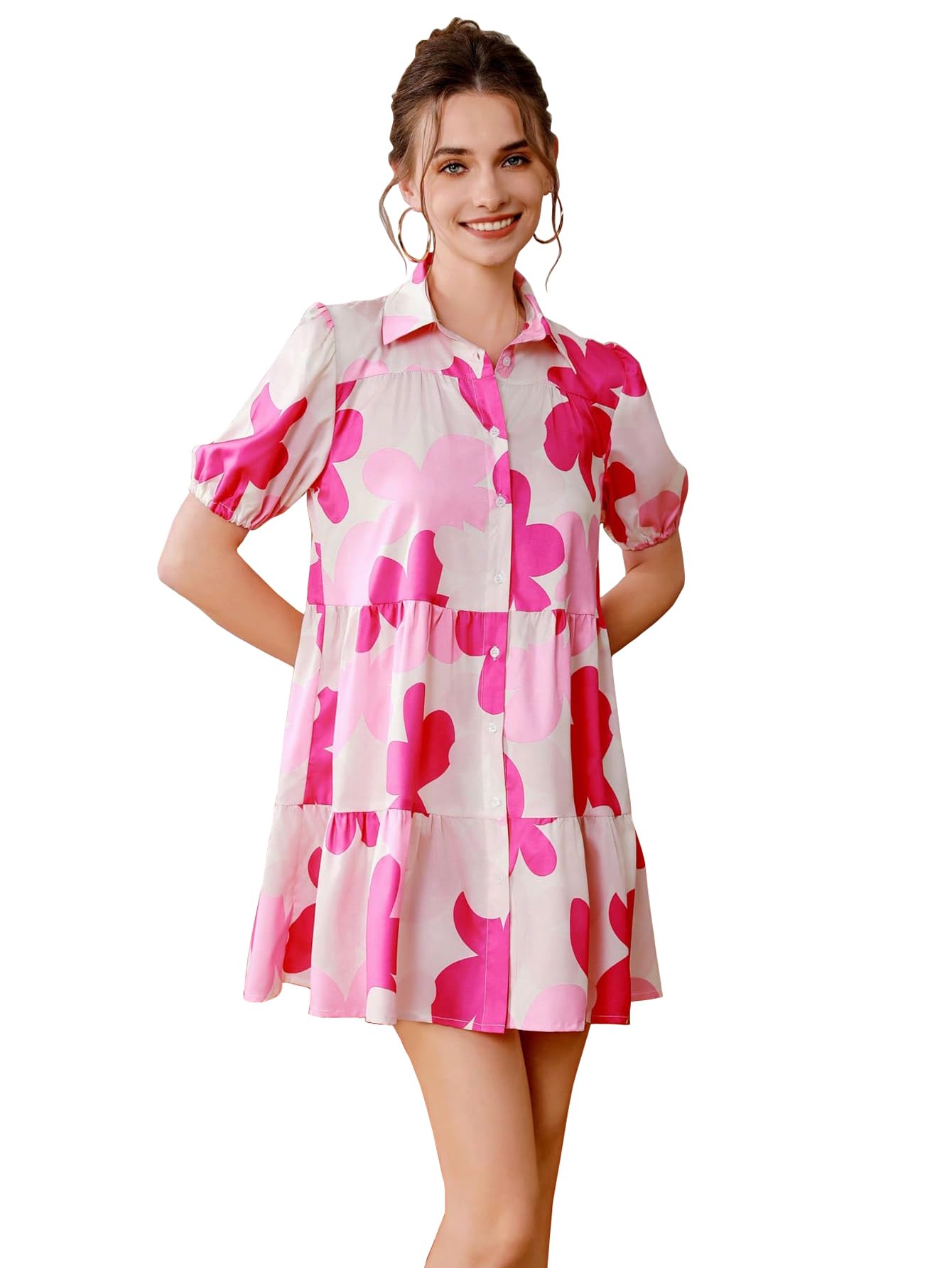 Shasmi Women's Pink Flower Print Short Sleeve Button Front All-Over Printed Dresses, Ruffle Hem Smock Dress For Woman (161 Dress Pink-Xl)
