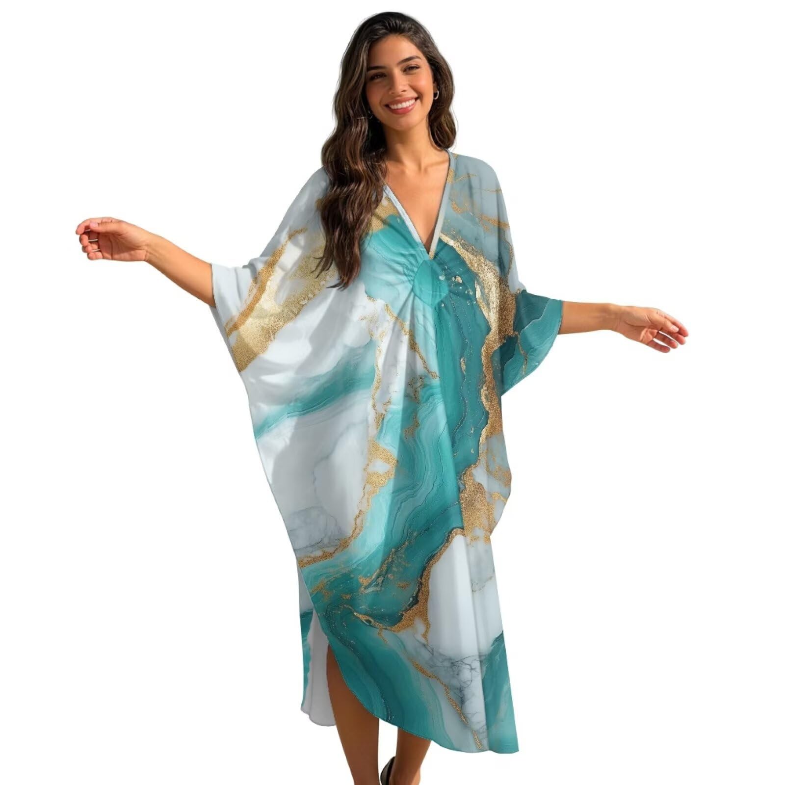 Xoenoiee Damska sukienka plażowa typu kaftan plus size dekolt w serek rękaw nietoperz strój kąpielowy okrycie zwiewna sukienka kaftan