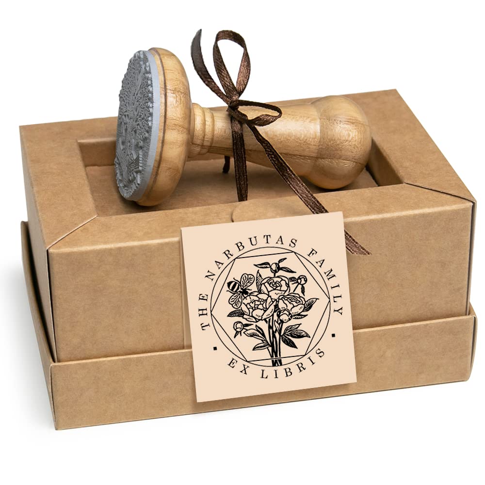 Peonia Ape Ex libris Timbro Personalizzabile, Bouquet Fiori Nido d'Ape Bordo Esagonale Hexagon, Fatto a Mano Legno in Scatole Regalo