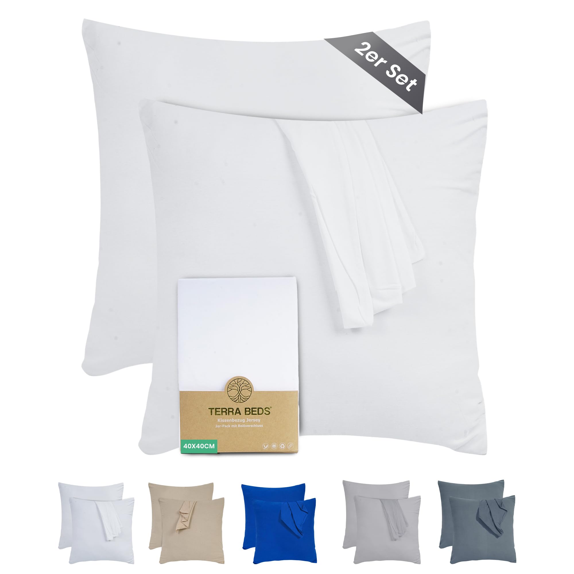 Terra Beds Kissenbezug Baumwolle Jersey 160 g/m² - Kopfkissenbezug 2er-Set mit Reißverschluss, dehnbarem gestricktem Stoff, atmungsaktiv