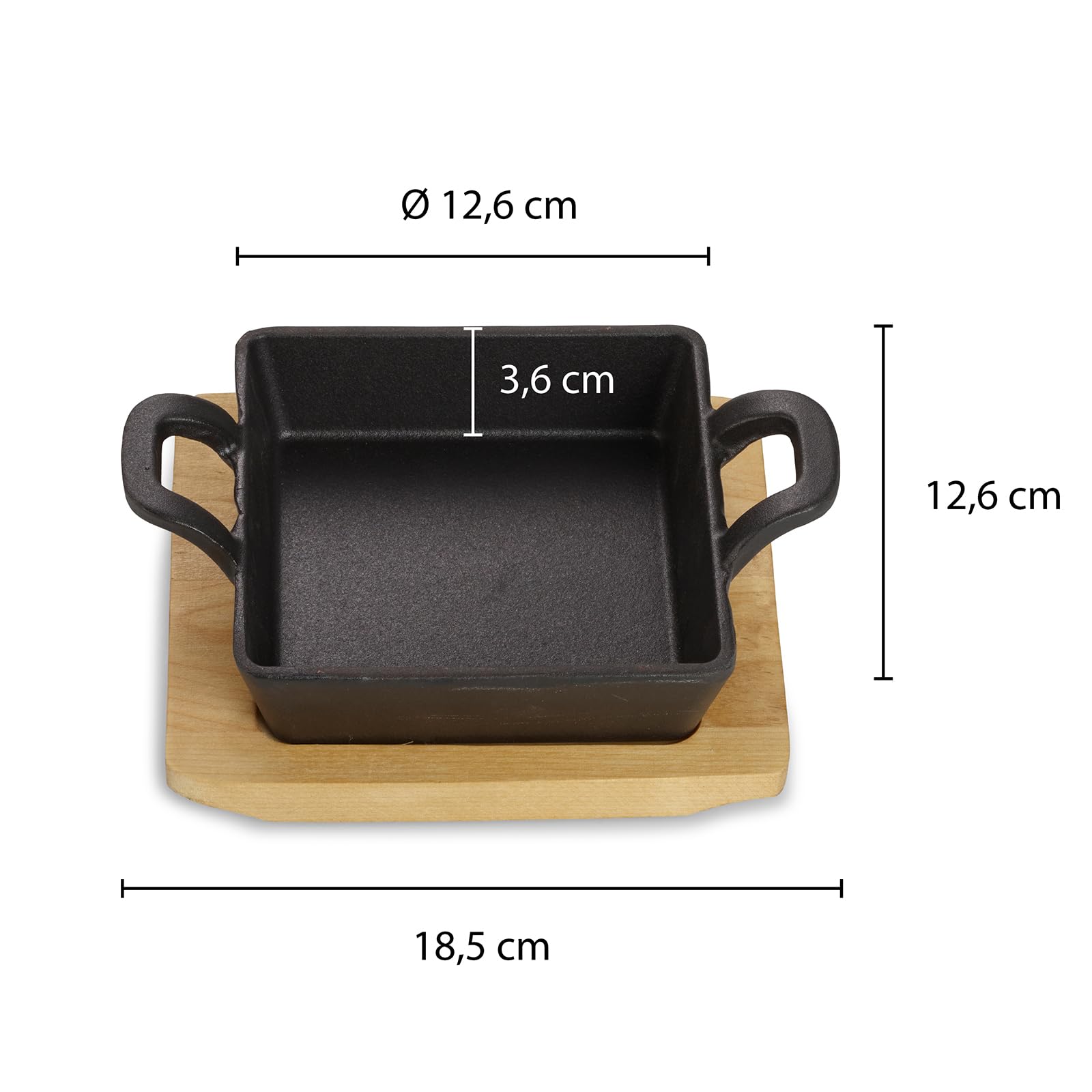 ECHTWERK Bol en fonte, poêles de service, plat de service carré avec planche de service, petite poêle à frire pour barbecue, déjà cuite, allant au four et au barbecue, idéale pour le service, 4 pcs.