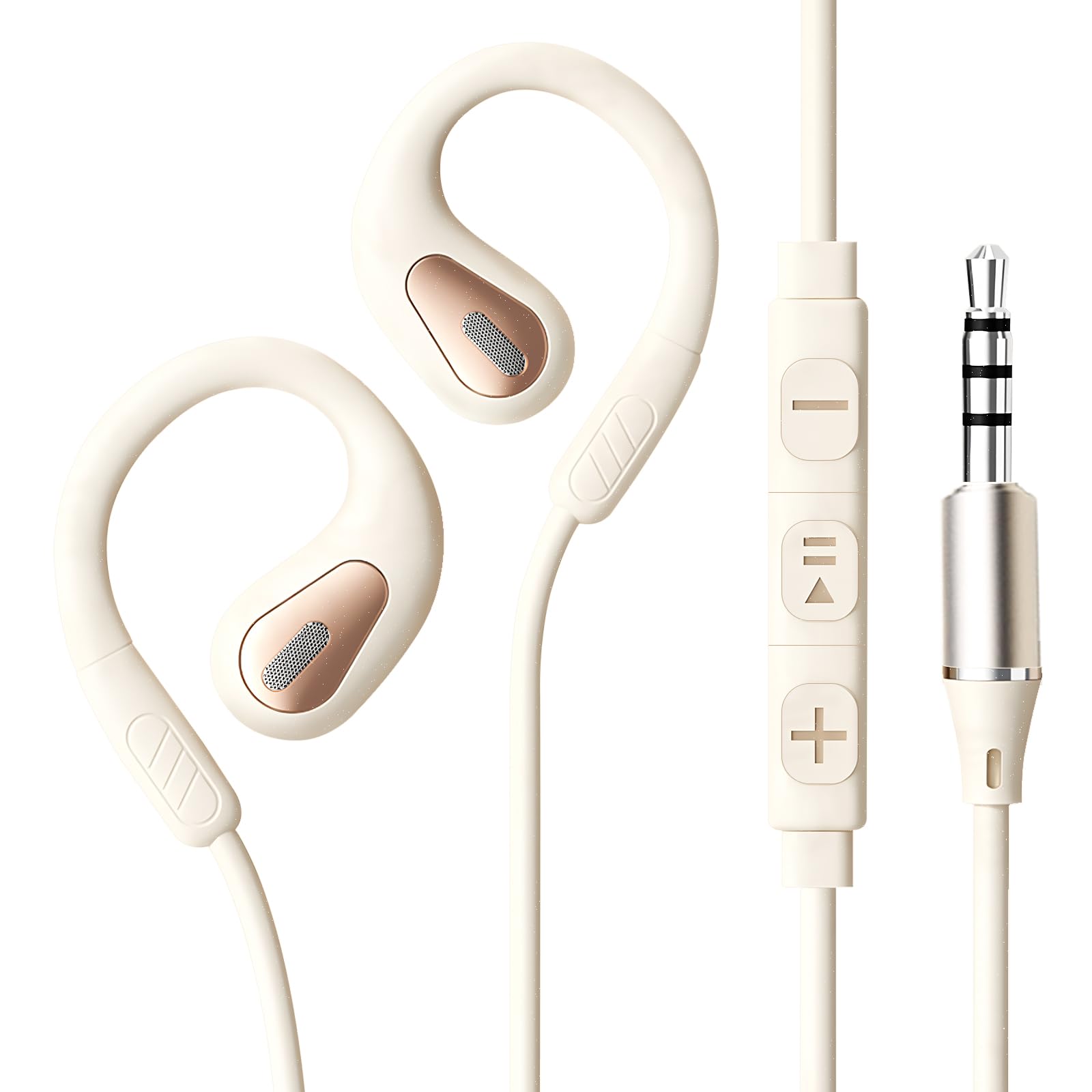 オープンイヤー イヤホン 有線 マイク付き 3.5mm ヘッドホン 耳掛け 耳を塞がない ながら聴き 開放型 イヤホンマイク 着信対応 音量調整 潔癖症の方に スポーツ/デスクワーク/アウトドア ベージュ
