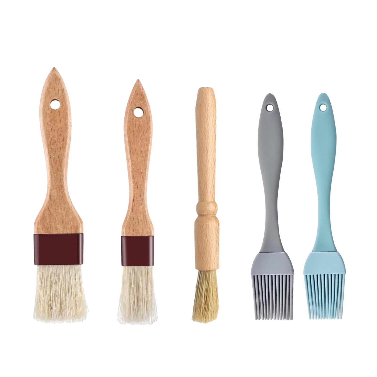 5 PCS Set Including 3 Wooden Food Brushs and 2 Silicone Pastry Brushes, Oil Brush for Cooking, Food Brushes for Cookings, Egg Brush for Pastry for Cooking Suitable for Grilling Pastry
