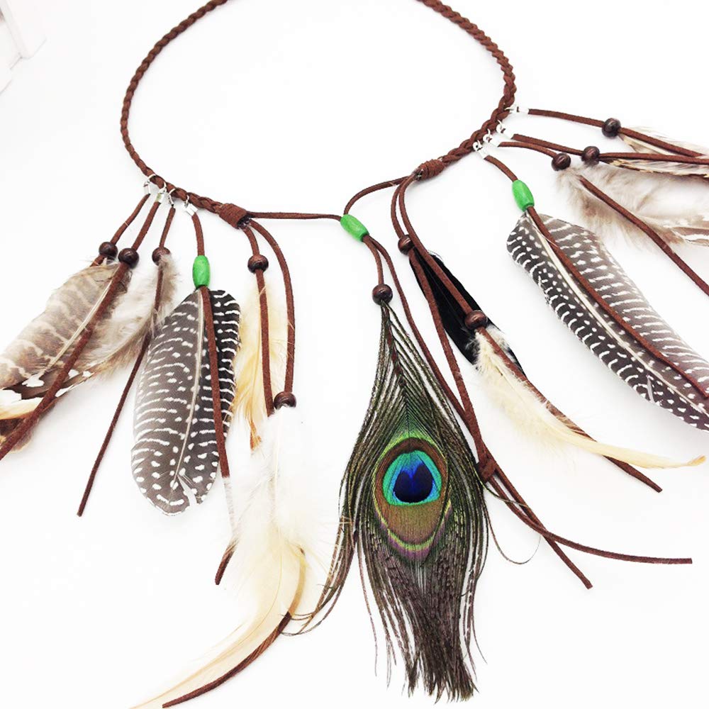 Jurxy Böhmischer Pfauenfeder-Stirnband Damen | Braun, Verstellbar, Für Festivals, Boho, Karneval