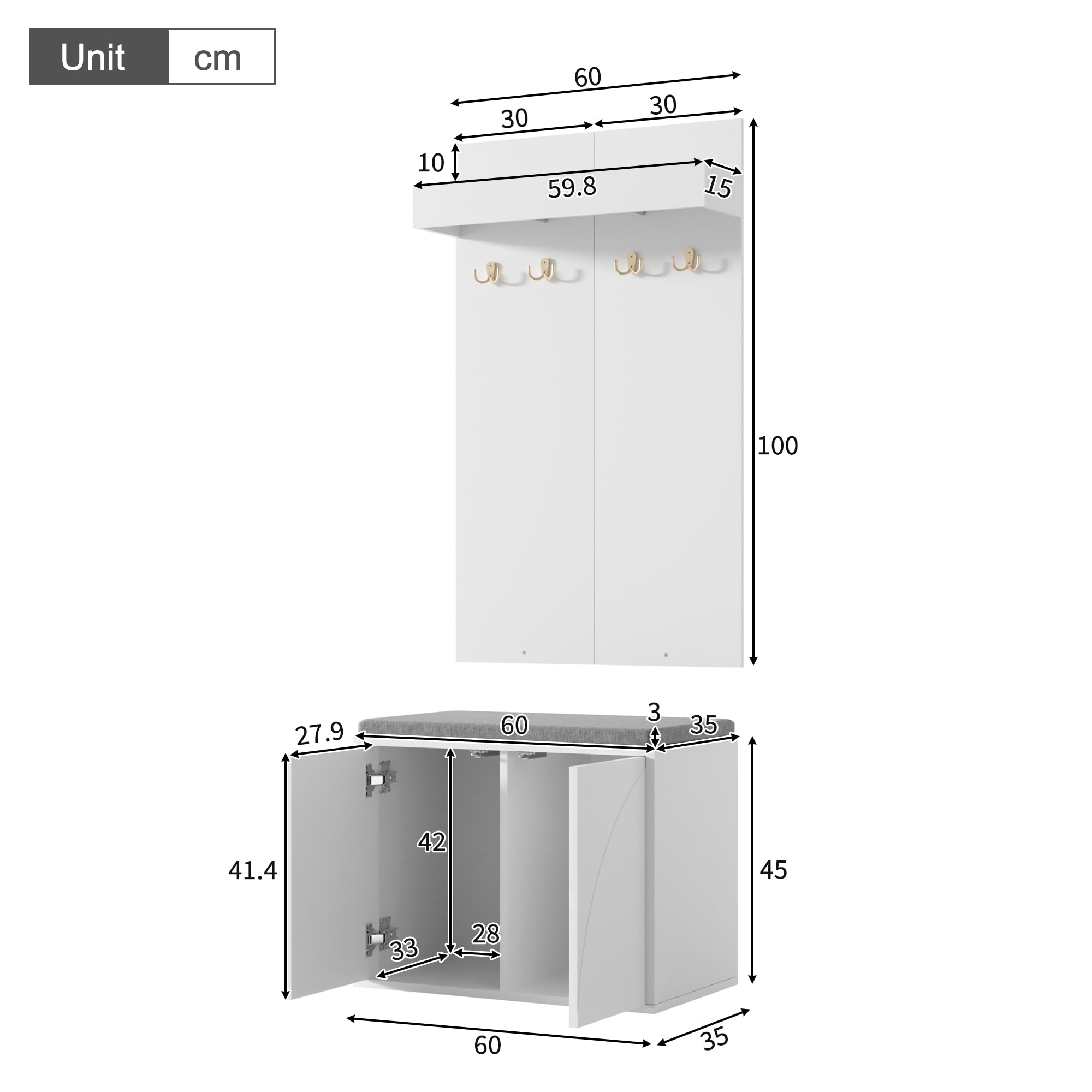 Set appendiabiti 3 in 1, appendiabiti con 4 ganci integrati, scarpiera con due ante e scarpiera, bianco, 60 x 35 x (45 + 100) cm