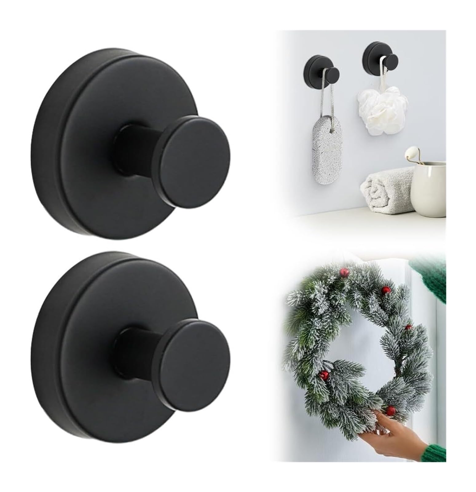 Opeximatun Black 2Pcs No Drill Suction Cup Hooks For Wreaths Towels Glass(Black)