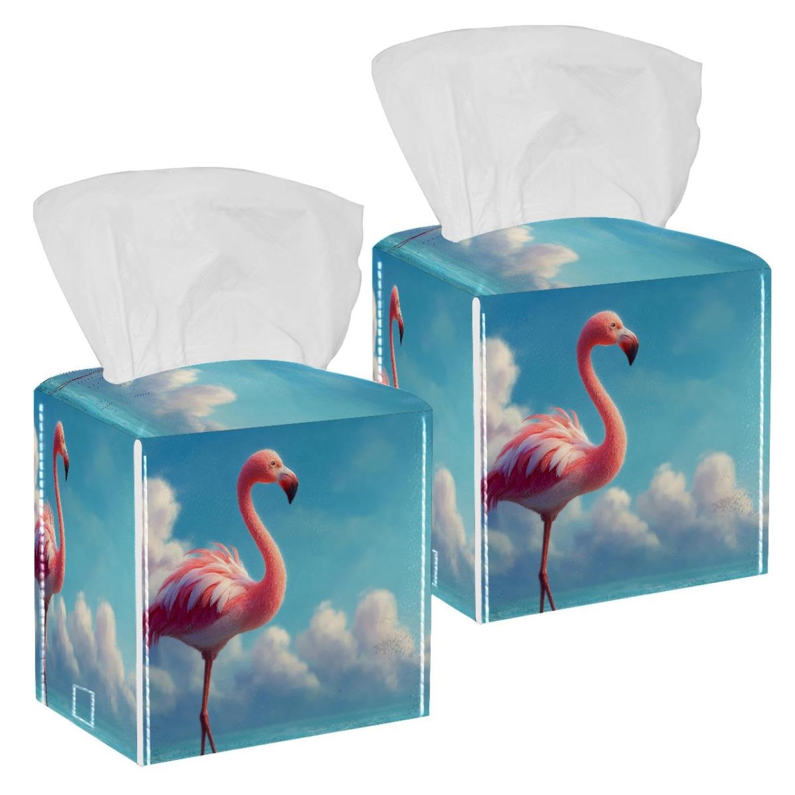 Flamingo Tissue Box Cover, 2 Pack PU Leather Square Facial Tissue Dispenser Box holder for Home Office Car