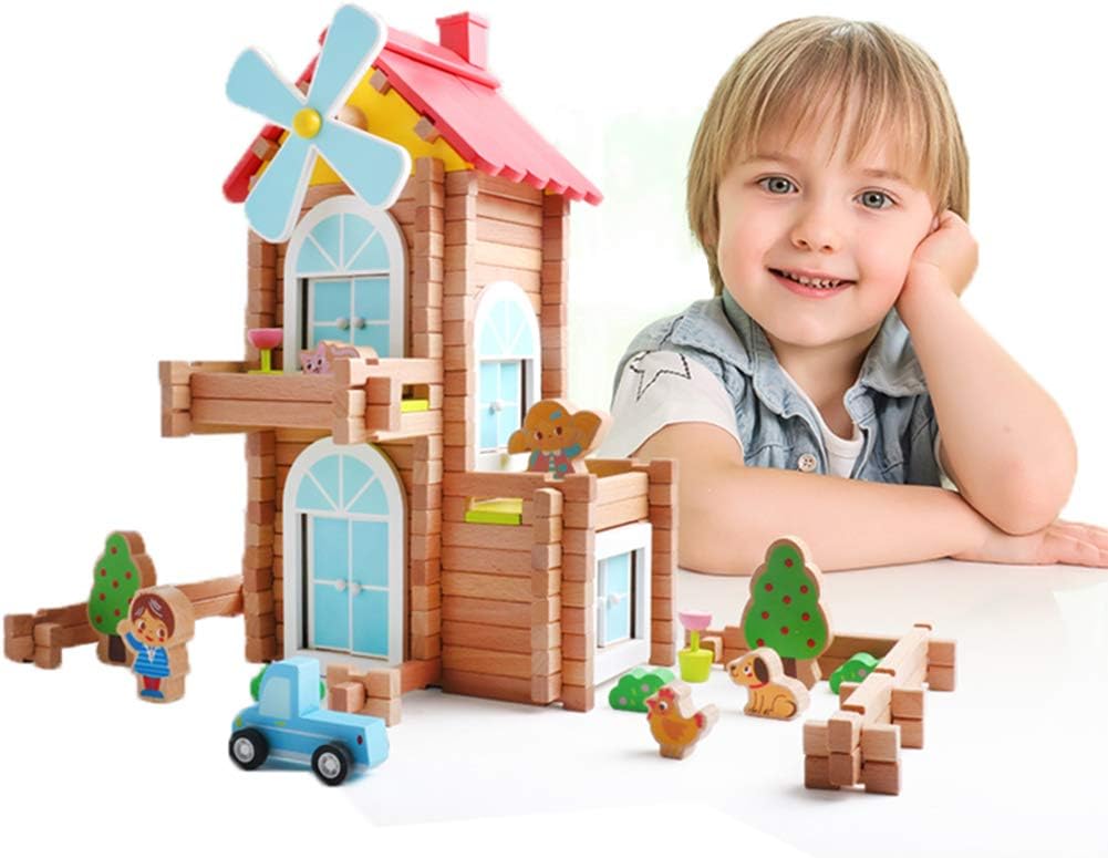 iwood Windmill Log Blocks, Wooden Log Building Set,Construction Building Toy for Kids 171PCS