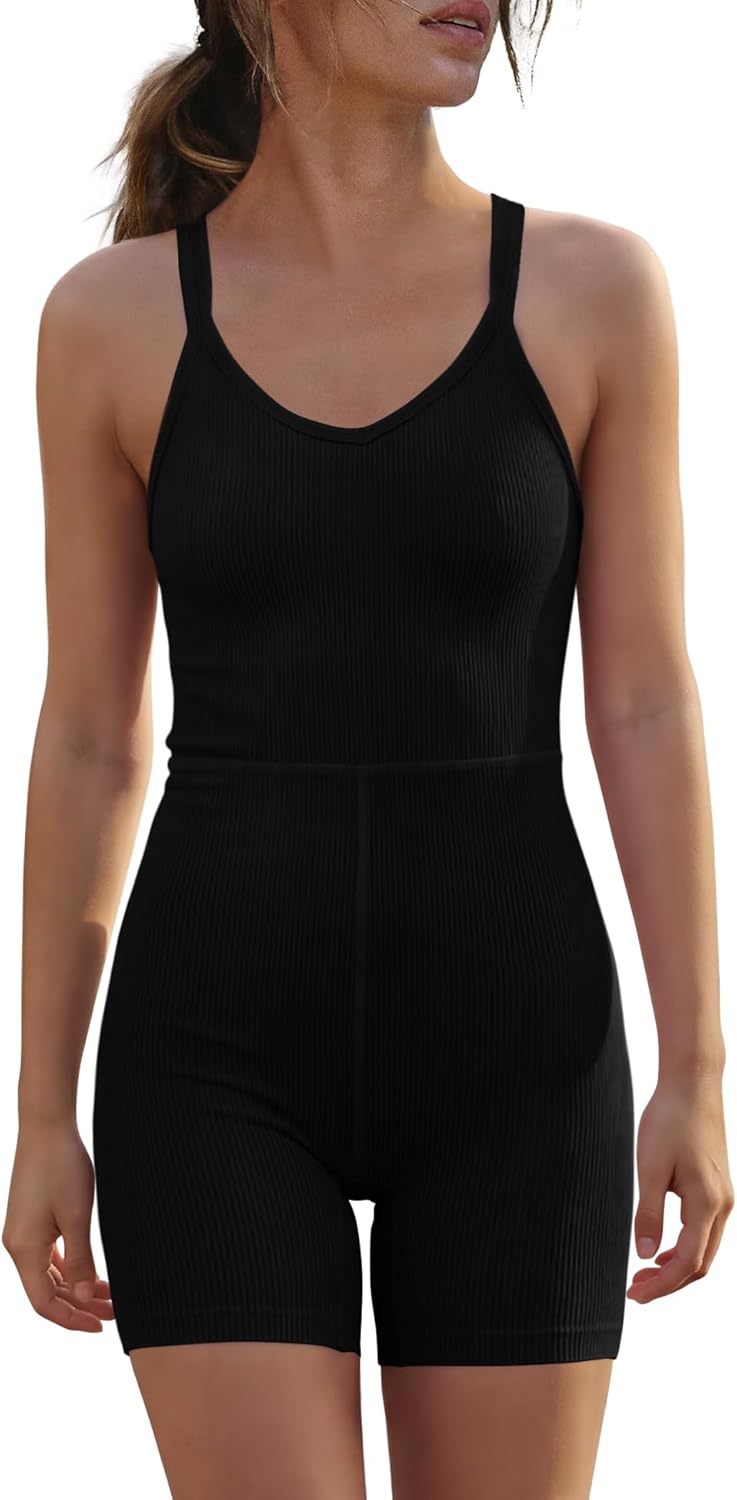 Yanekop Womens Athletic Romper Workout Bodycon One Piece Jumpsuit Ribbed Strappy Romper Seamless Yoga Pilates Outfit - Image 4
