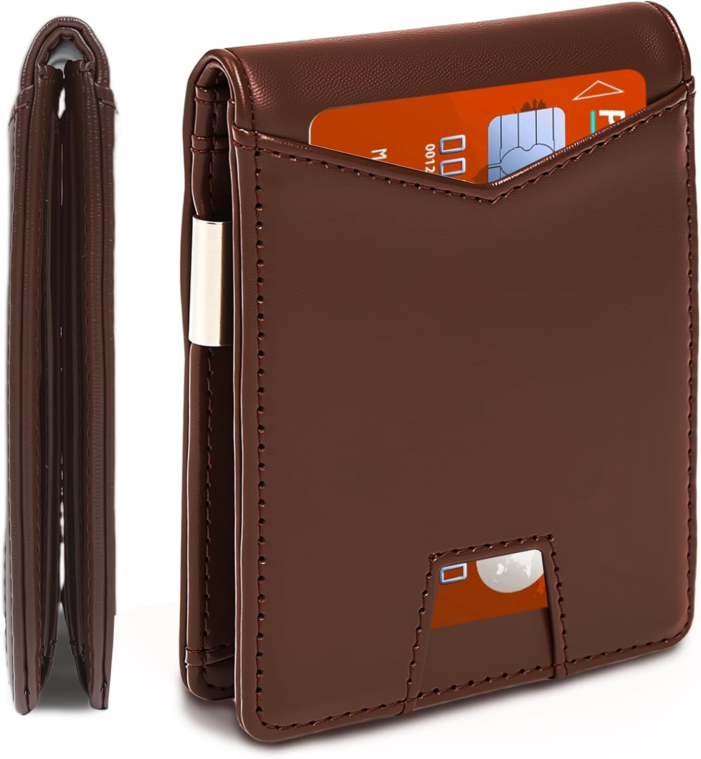 Slim Wallet for Men, Slim & Stylish RFID Blocking Wallet with Money Clip & Easy-Grab Card Slot, Compact Bifold Minimalist Wallet for Front Pocket, Travel & Daily Use - Brown - Image 1 of 7