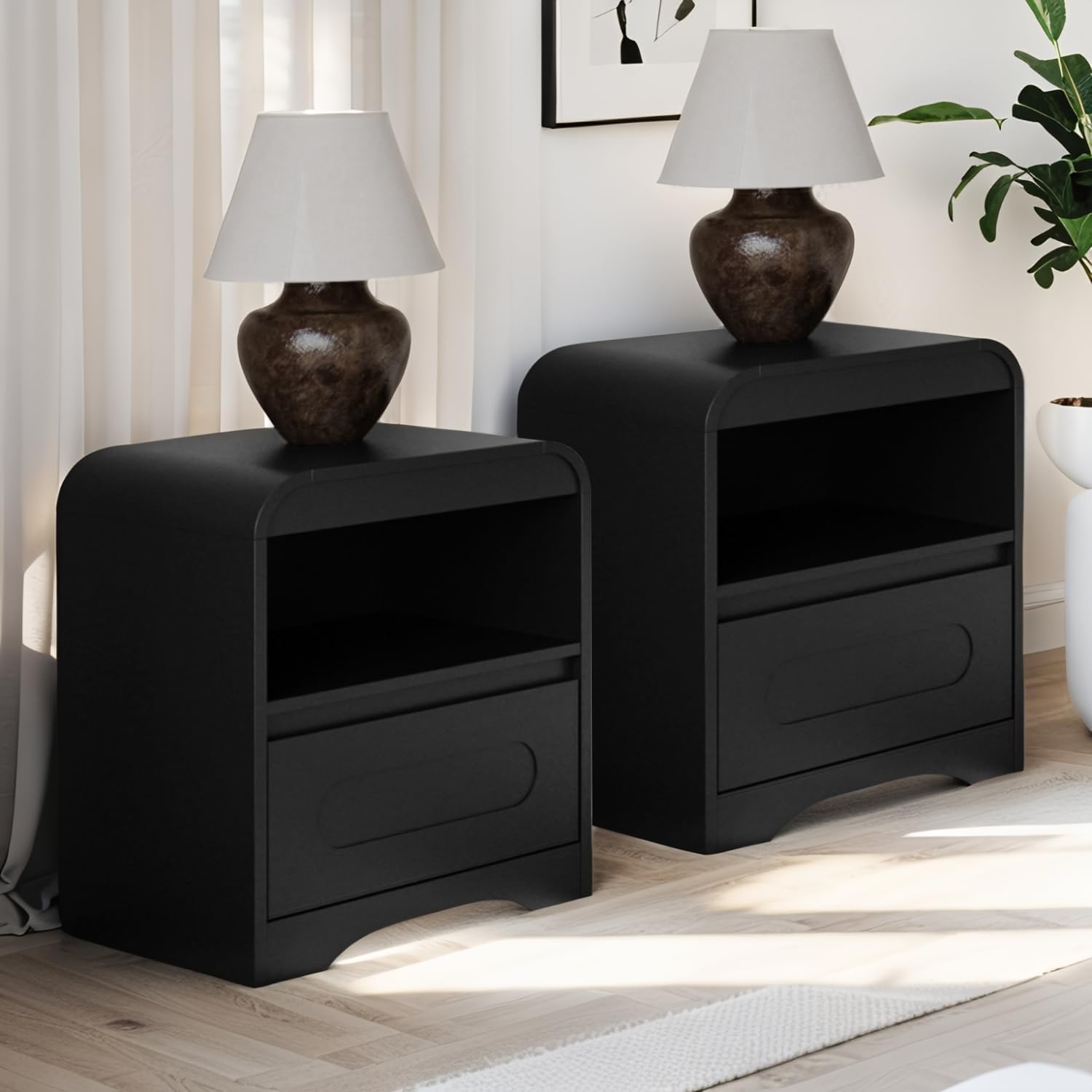 Black Nightstand Set of 2, Nightstand with Drawers, 22" Modern Nightstands Bed Side Table Large Bedside Stand 18" Wide End Table for Bedroom Sofa Office,Curved Profile Design