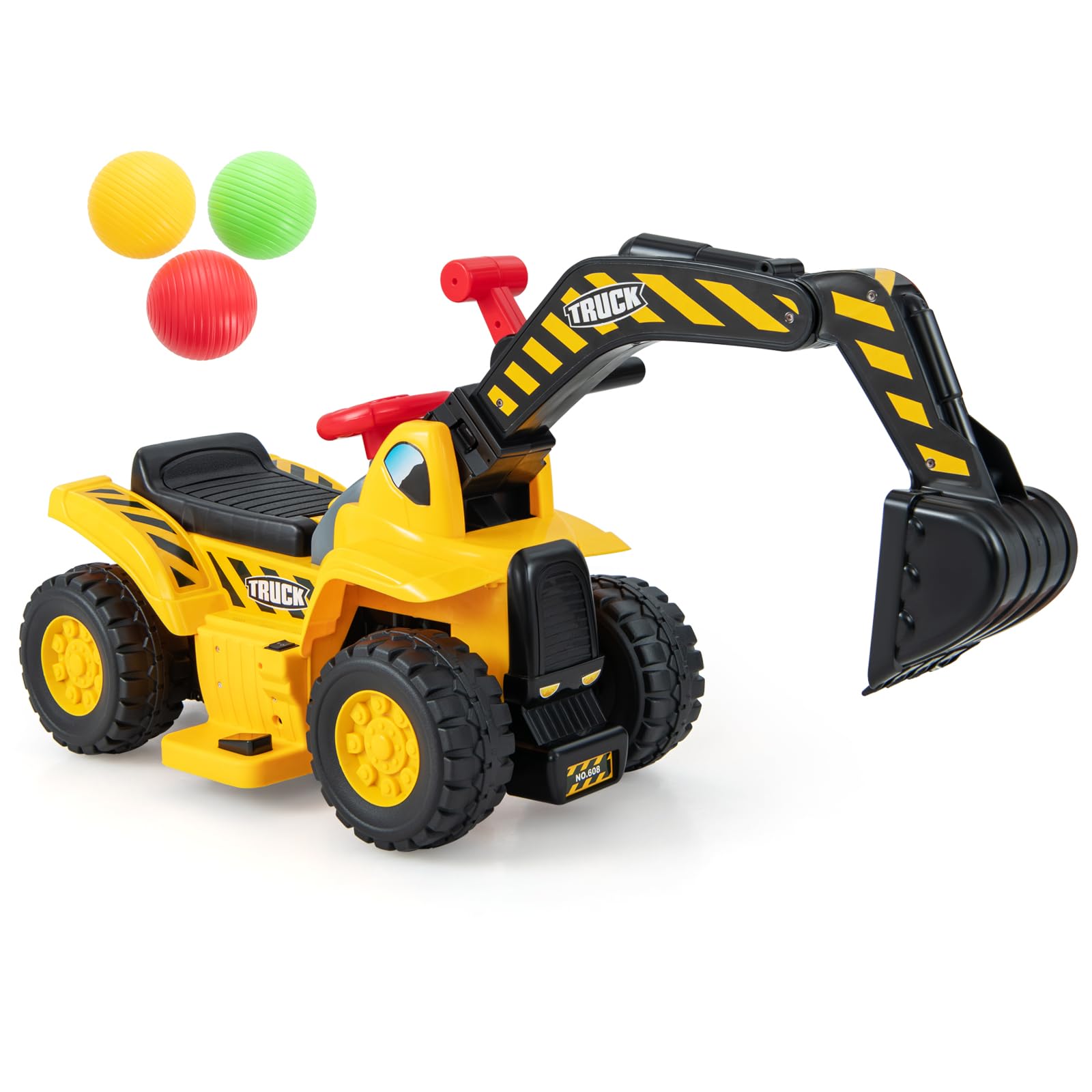 HONEY JOY Electric Ride on Push Car, Toddler Bulldozer Digger w/Balls & Basketball Hoop, Outdoor Digging Scoop, Flexible Bucket, 6V Ride on Excavator